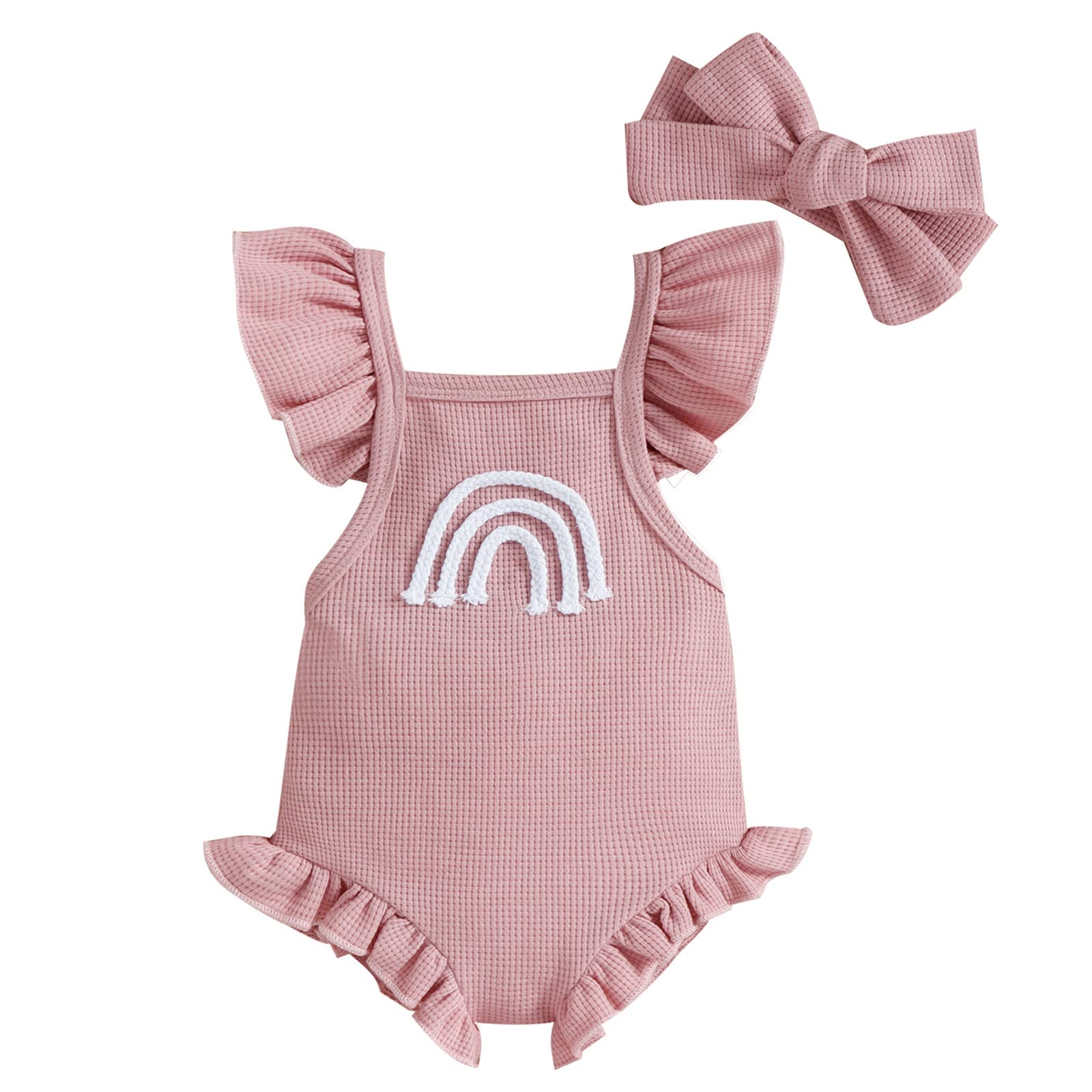 Newborn Baby Girls & Boys Rainbow Knit Ruffled Romper with Headband - Soft Sleeveless Bodysuit Outfit for Photo Shoots, Birthday Parties & Everyday Wear