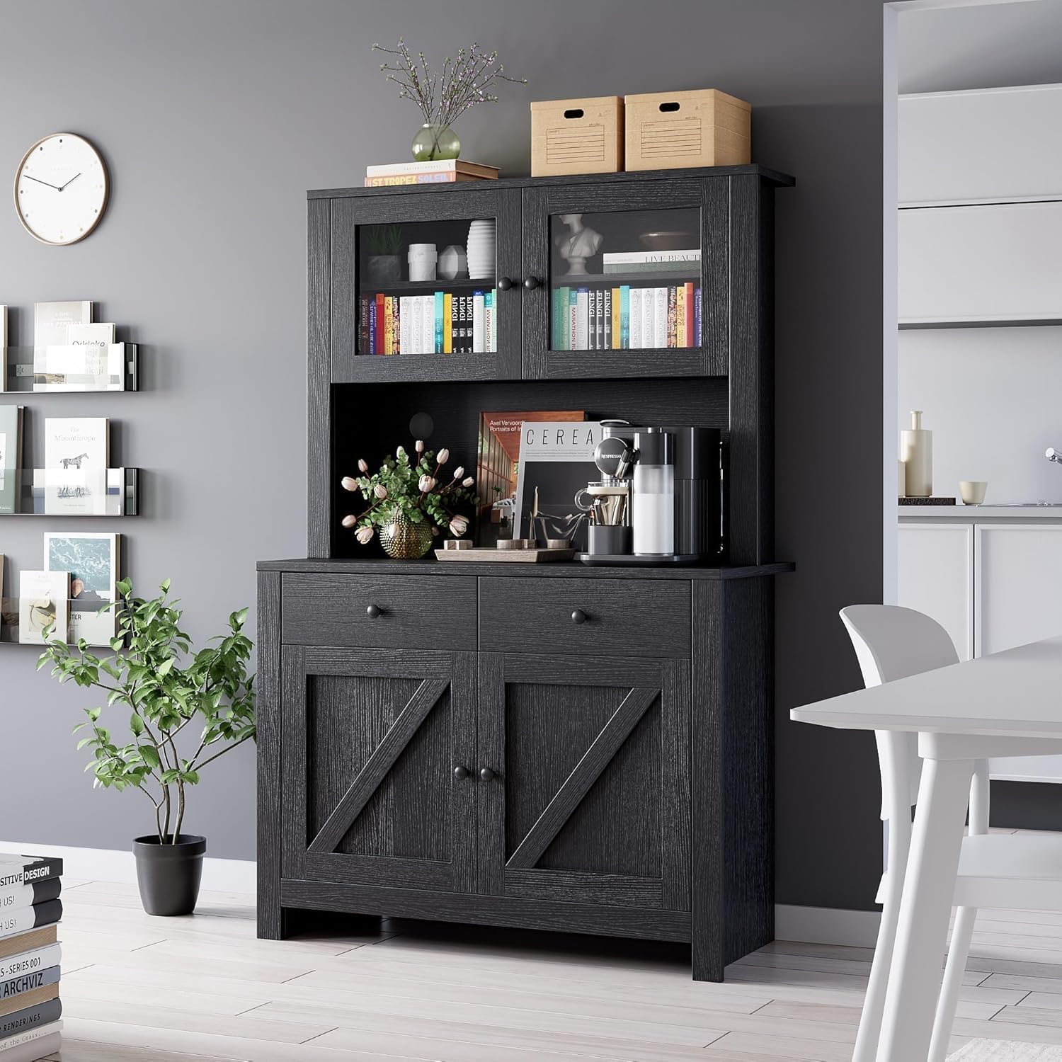 Freestanding Kitchen Pantry Cabinet with Microwave Stand & Adjustable Shelves - Buffet Hutch Cupboard for Dining Room & Kitchen Storage - Black (Ideal for Small Spaces & Apartment Living)