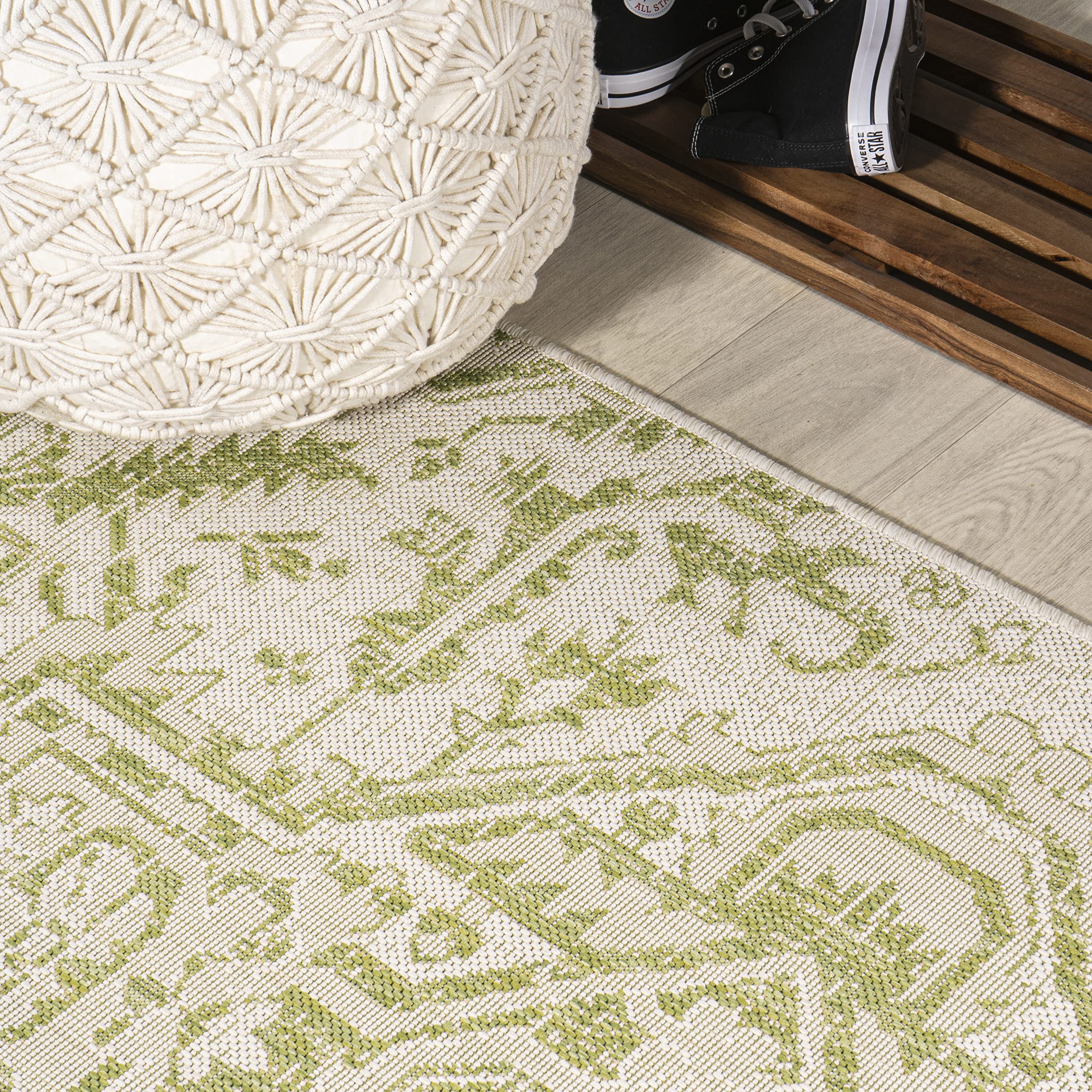 JONATHAN Y SMB105E-5R Estrella 5' Round Bohemian Medallion Textured Weave Indoor/Outdoor Area Rug - Cream & Green | Non-Shedding, Easy to Clean | Perfect for Coastal, Traditional Bedrooms, Kitchens, Backyards & Patios