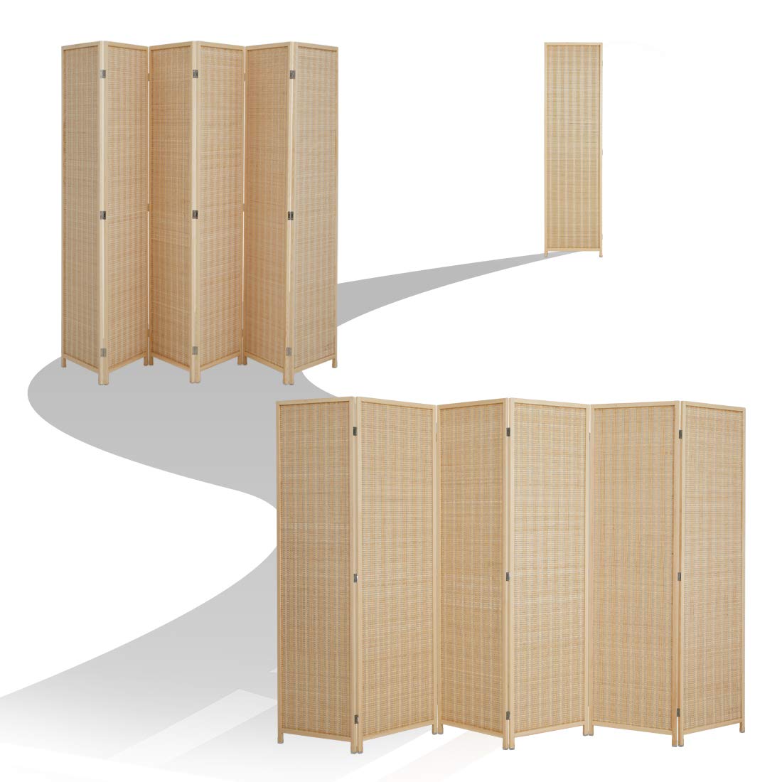 6 Panel Bamboo Room Divider Privacy Screen - Natural Freestanding Folding Partition for Home Office, Bedroom & Living Room - Beige