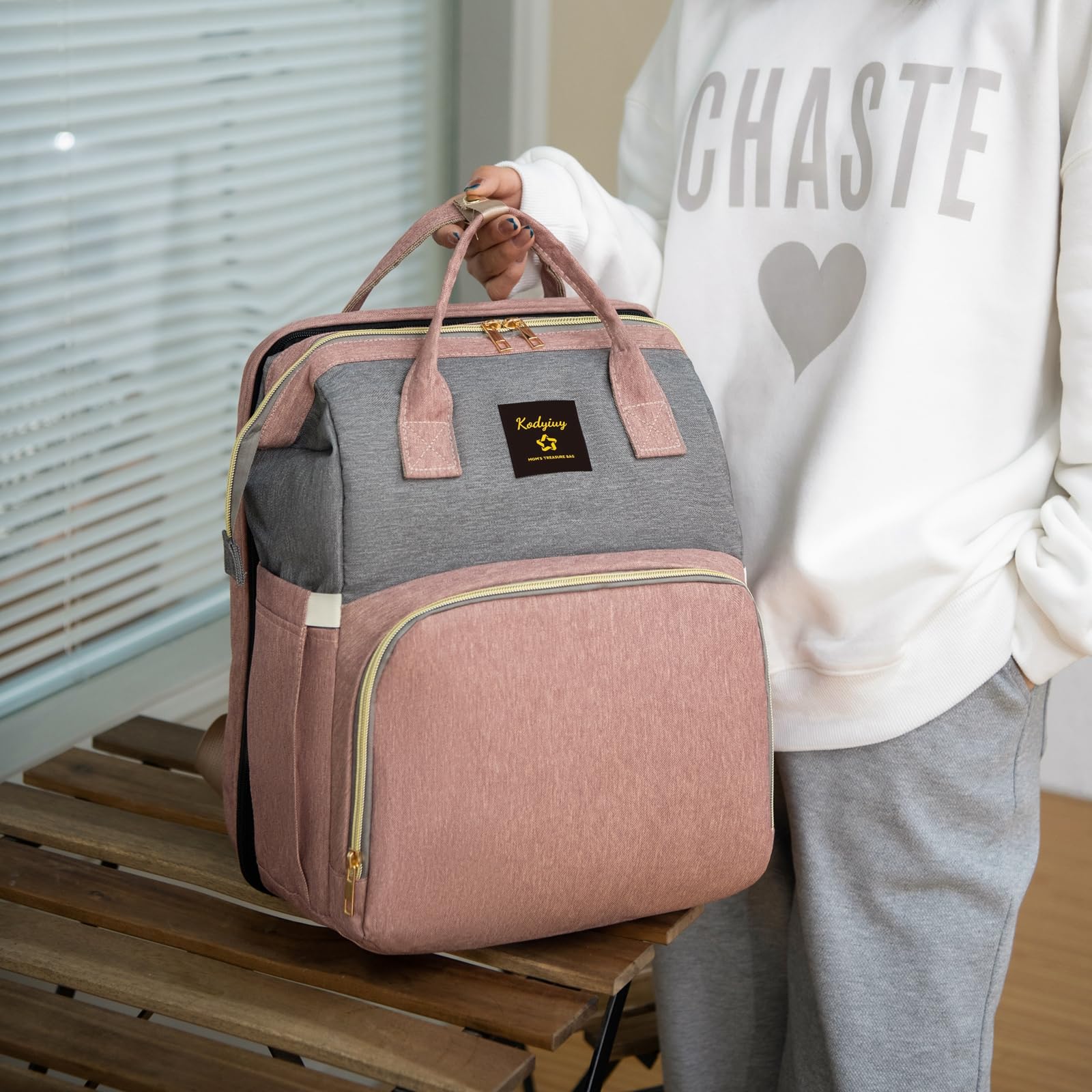 Large Capacity Baby Diaper Backpack - Waterproof Travel Changing Station with Foldable Design, Perfect Gift for New Moms (Pink-Gray) | Ideal for Daycare, Outings & Family Trips
