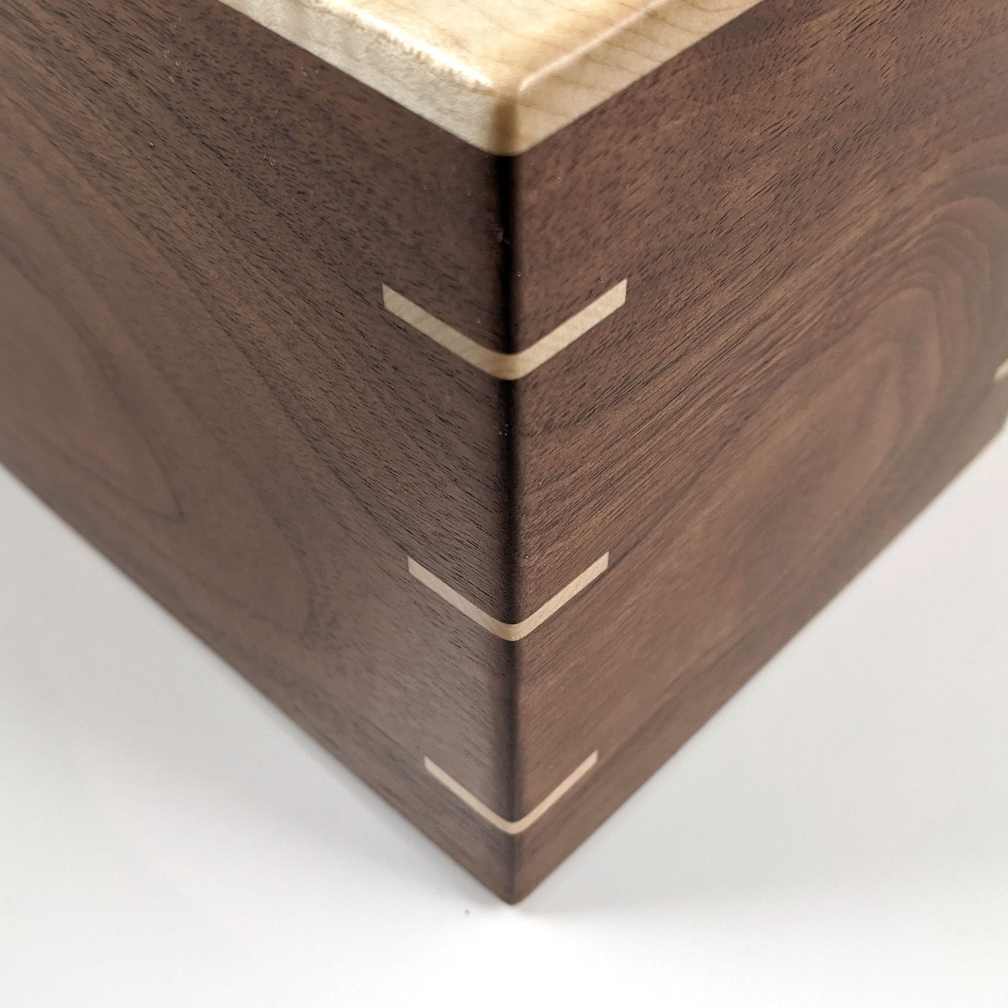 Handmade Custom Tissue Box Cover - Solid Tiger Maple Top & Texas Black Walnut Sides with Maple Splines - Boutique Square Cube Style - Perfect for Home Decor, Living Room, Bedroom & Bathroom Organization