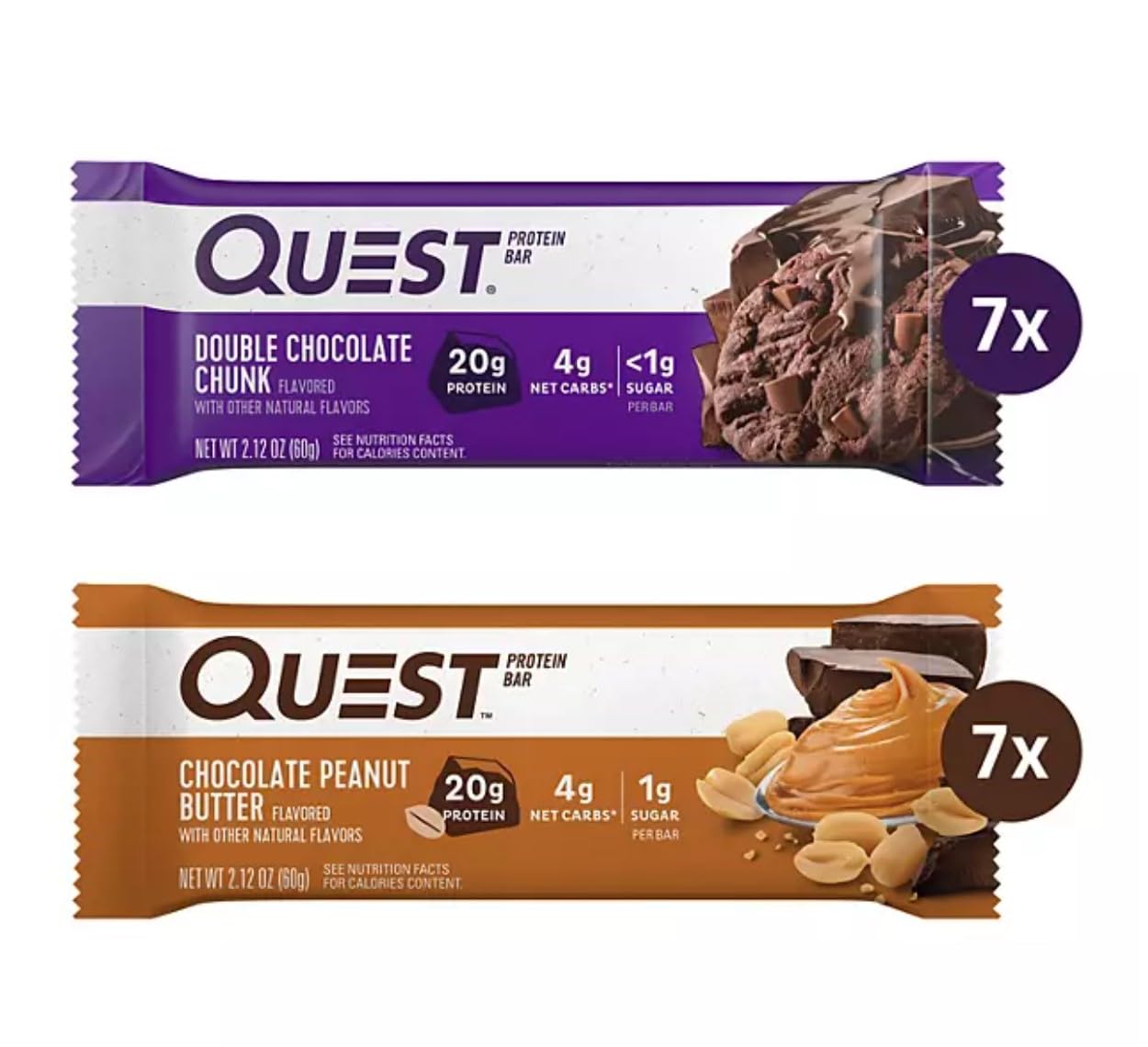 Quest Protein Bar - Value Pack 14 Bars | Chocolate Peanut Butter & Double Chocolate Chunk | 1g Sugar 20g Protein | High Protein Snack for Gym, Hiking & Weight Loss
