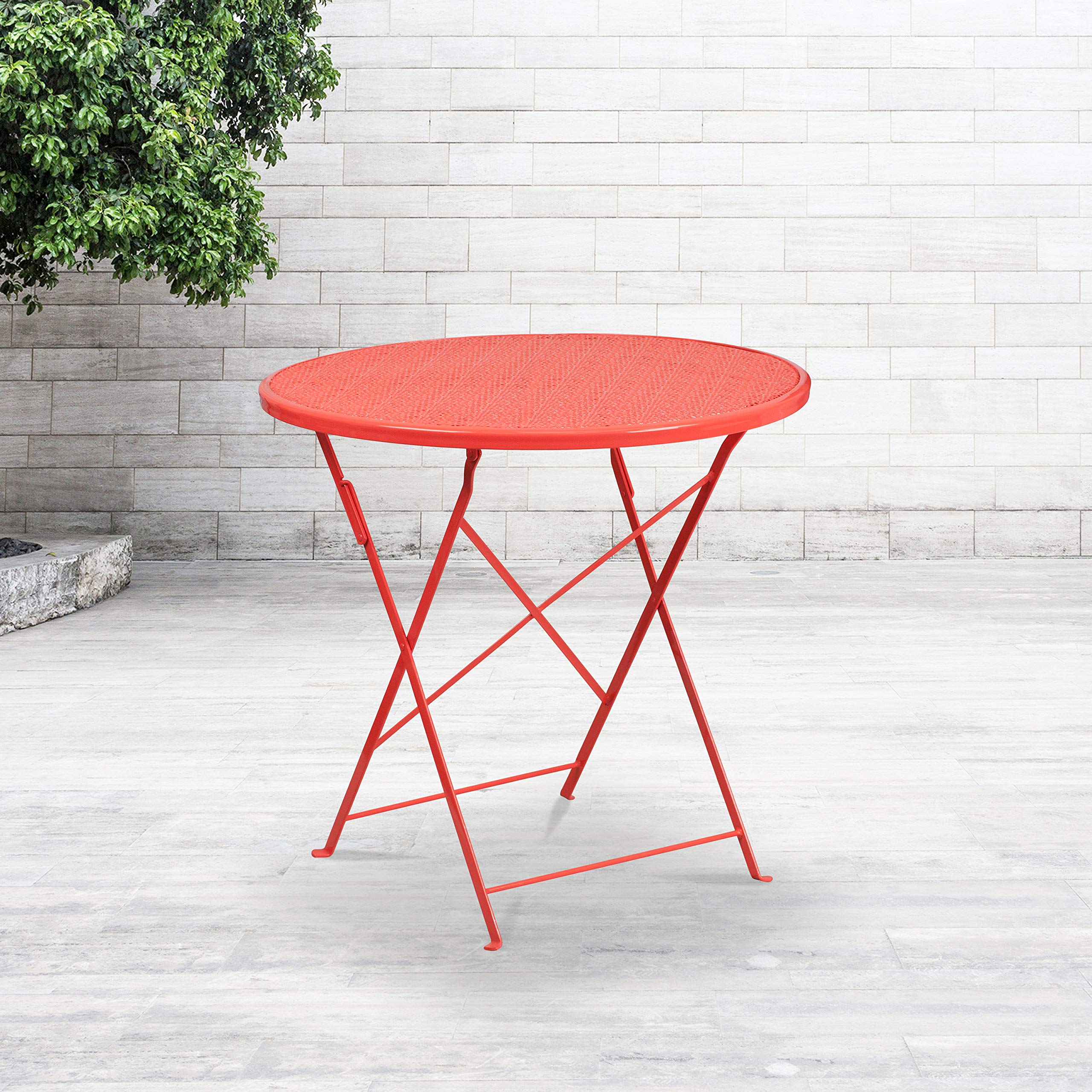 EMMA + OLIVER 30 Inch Round Coral Steel Folding Table - Heavy Duty Commercial Grade Indoor Outdoor Patio Dining Table for Restaurant, Cafe, Garden, Poolside & Backyard
