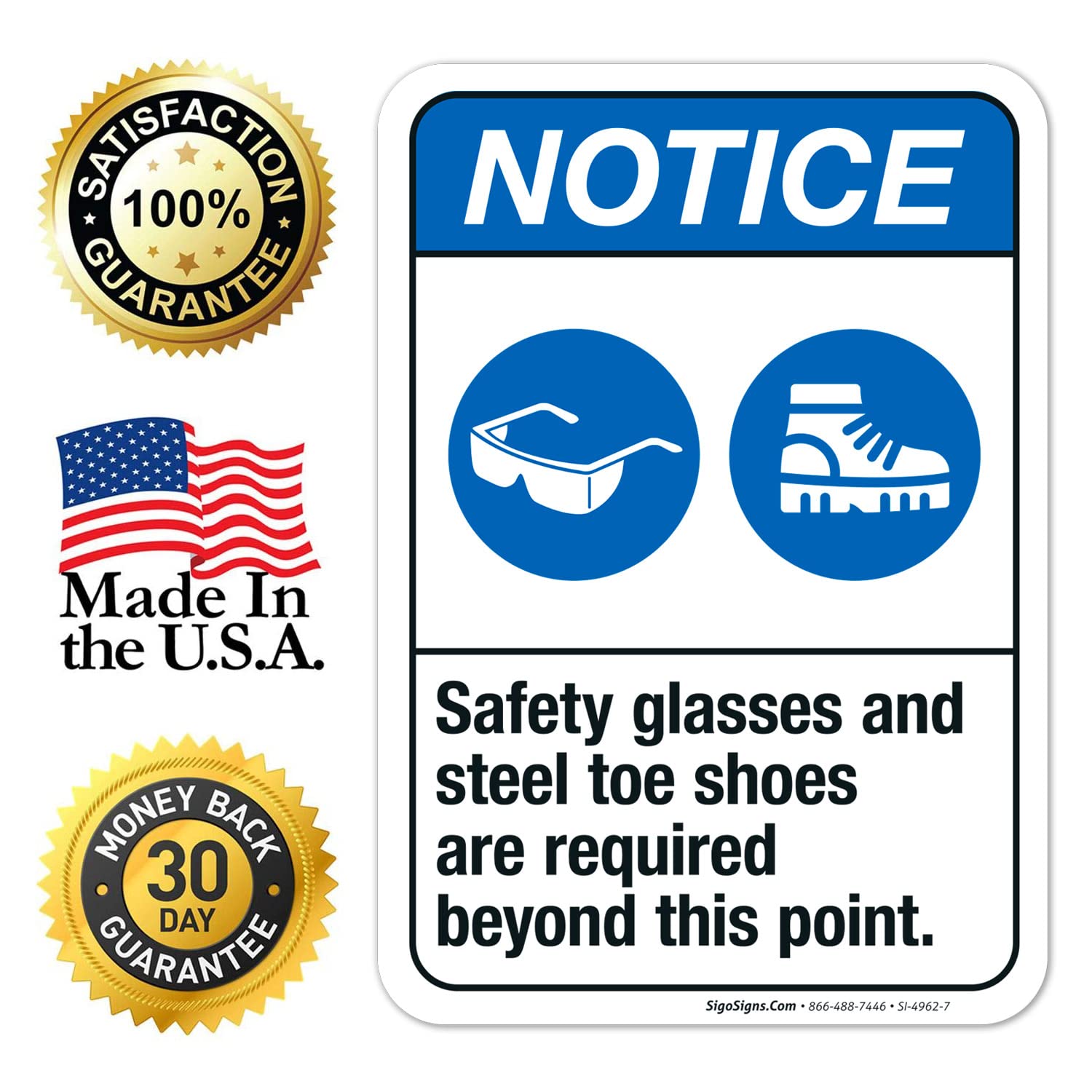 ANSI Safety Sign - 'Safety Glasses & Steel Toe Shoes Required Beyond This Point' - 10x7 Inch Vinyl Decal Sticker - Weatherproof & UV Resistant - Made in USA - Perfect for Construction Sites, Warehouses & Industrial Areas