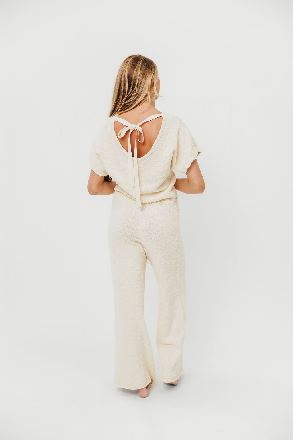 Braunwyn Women's Tie Back Knitted Top and Pants Set - Soft Cream Loungewear for Home Relaxation & Casual Outings