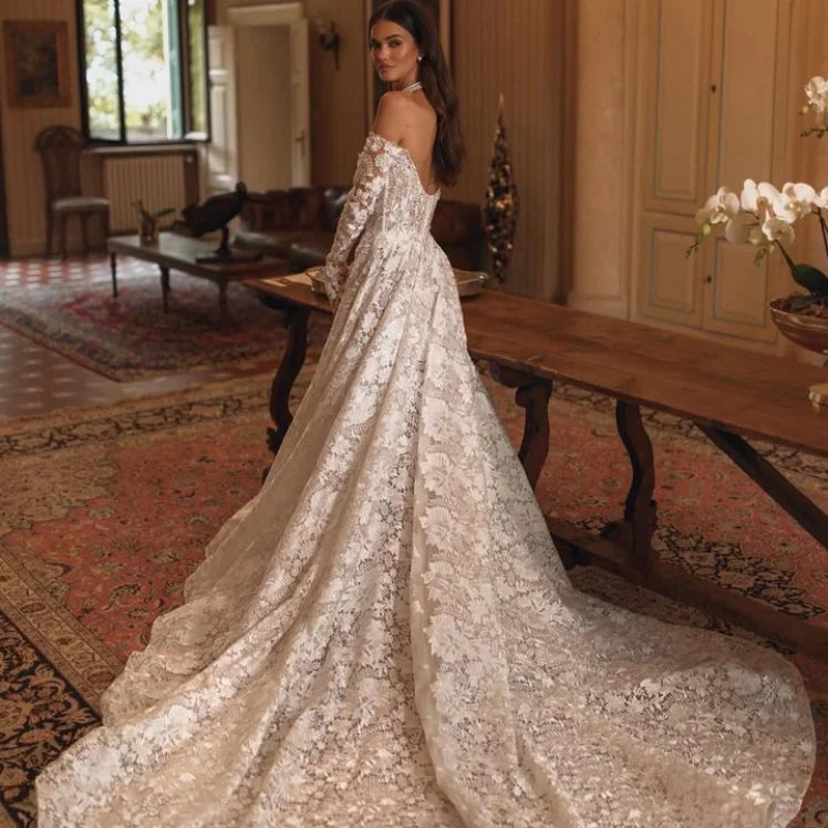 Luxury Vintage A-Line Lace Wedding Dress - Off-the-Shoulder Long Sleeve Customizable Bridal Gown for Elegant Church Ceremony & Romantic Beach Wedding
