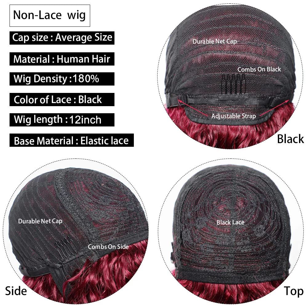 12-inch Short Curly Bob Wigs with Bangs for Black Women - 100% Human Hair Red Wig | 200g/piece 180 Density Afro Kinky Curly Hair | Glueless Lace Front Wig in Burgundy Color | Perfect for Cosplay, Daily Wear & Special Occasions