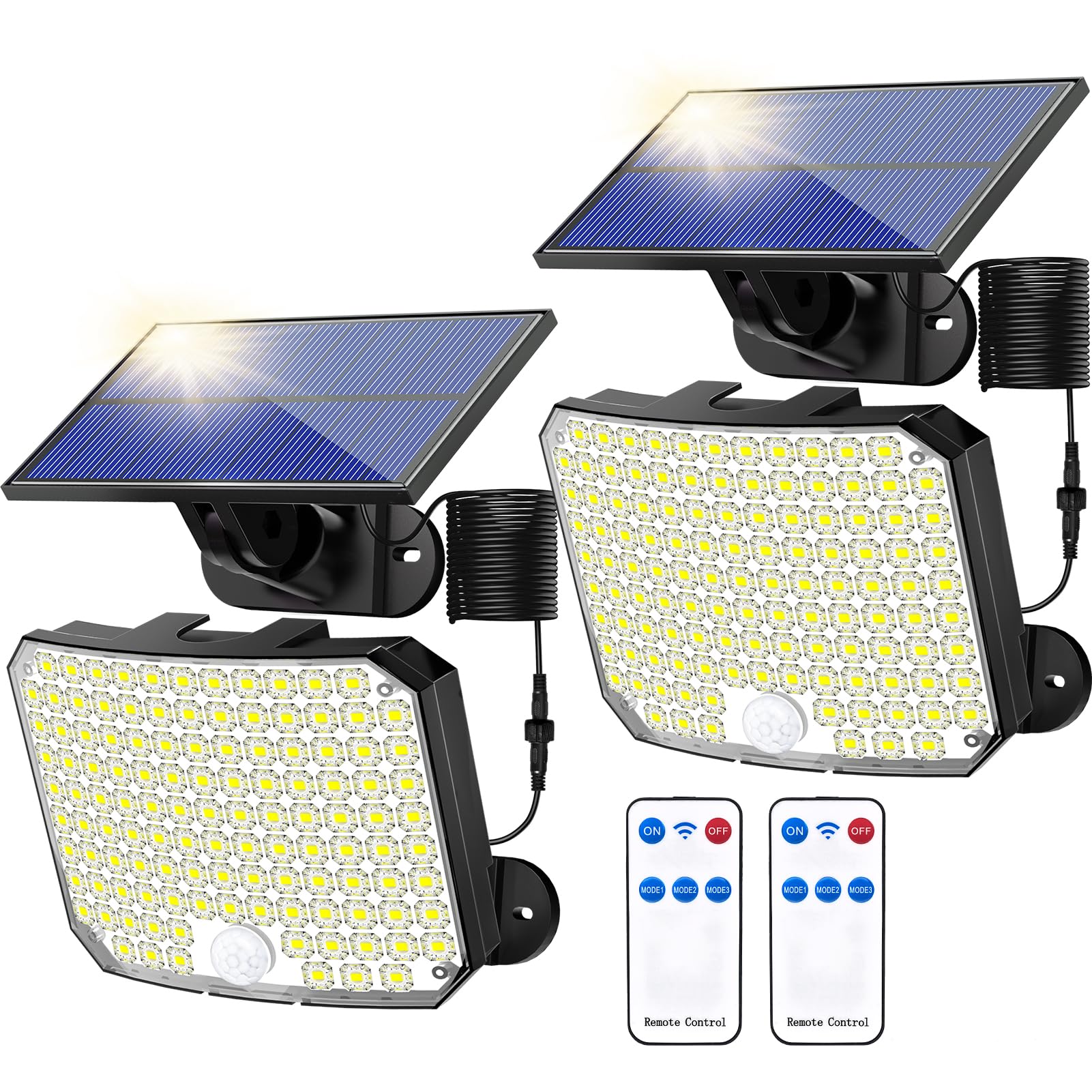 KERNOWO 2 Pack Solar Lights Outdoor, 118 LED Solar Motion Sensor Flood Lights with Remote Control, IP65 Waterproof Solar Powered Security Spot Lights with 16.5Ft Cable - Perfect for Patio, Garage, Porch, Yard, Garden, Pathway, and Driveway Lighting