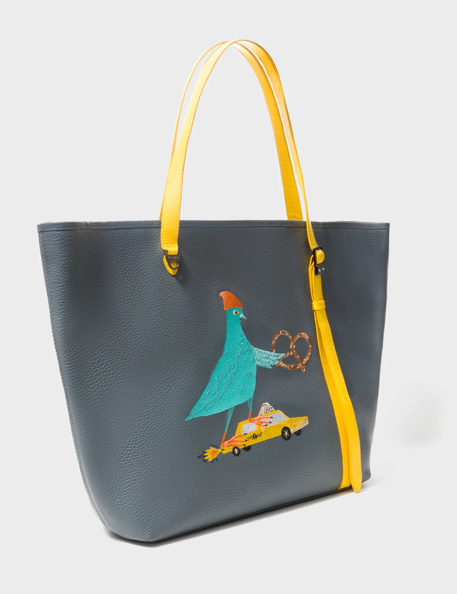 Bruno Stormy Gray Leather Tote Bag with Pigeonista Embroidery - Stylish & Durable Women's Handbag for Work, Travel & Everyday Use