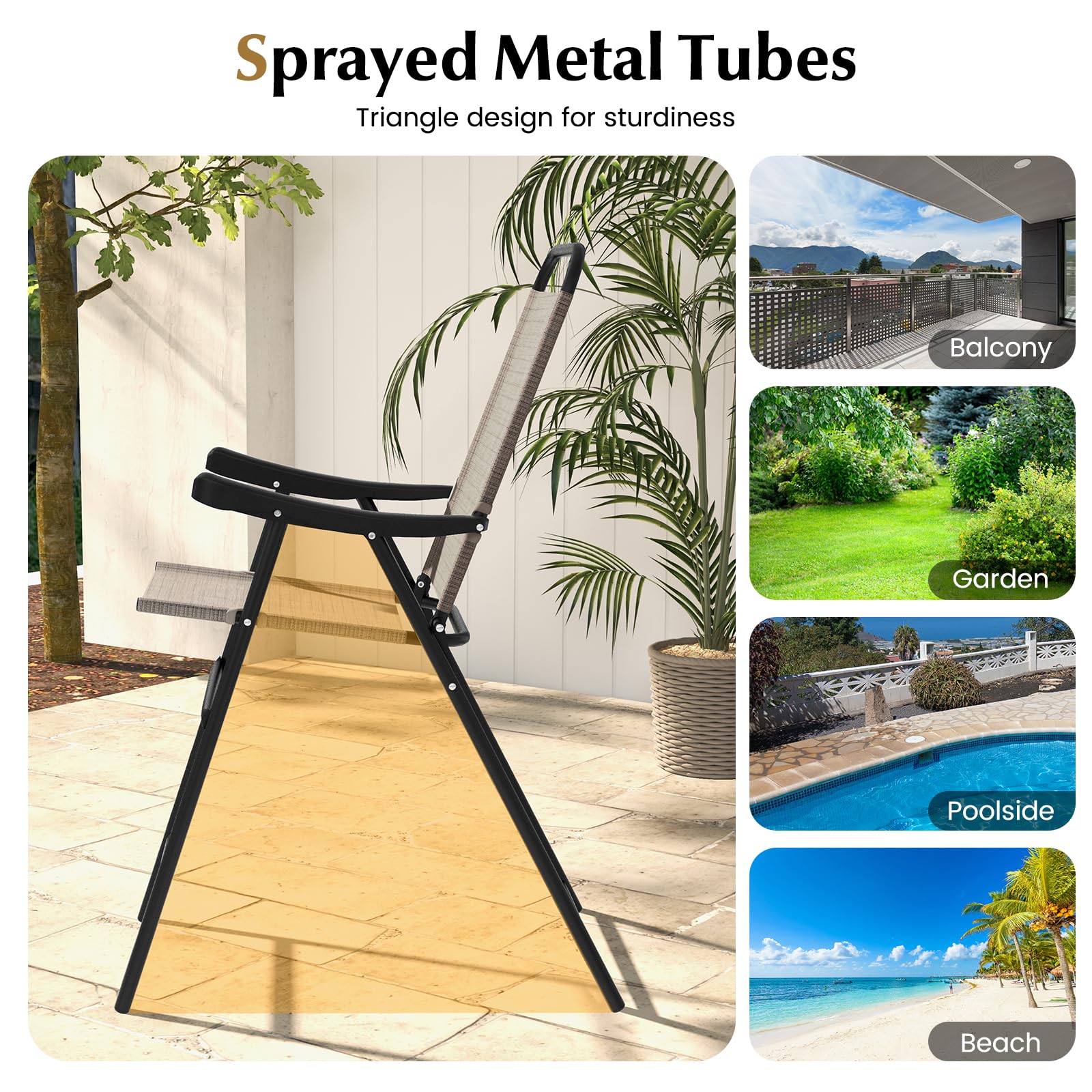 COSTWAY 2-Piece Folding Bar Height Patio Chairs Set - Metal Frame with Footrest, High Top Outdoor Bar Stools for Balcony, Garden, Poolside & Coffee Shop - Perfect for Entertaining, Relaxing & Outdoor Dining