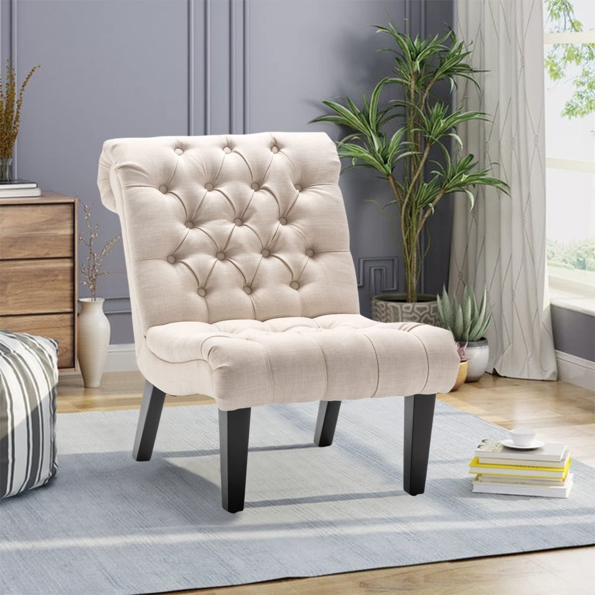 Yongqiang Accent Chairs Set of 2 - Modern Armless Upholstered Slipper Chairs with Button Tufted Design & Solid Wood Legs in Cream Fabric - Perfect for Living Room, Bedroom, or Reading Nook Decor