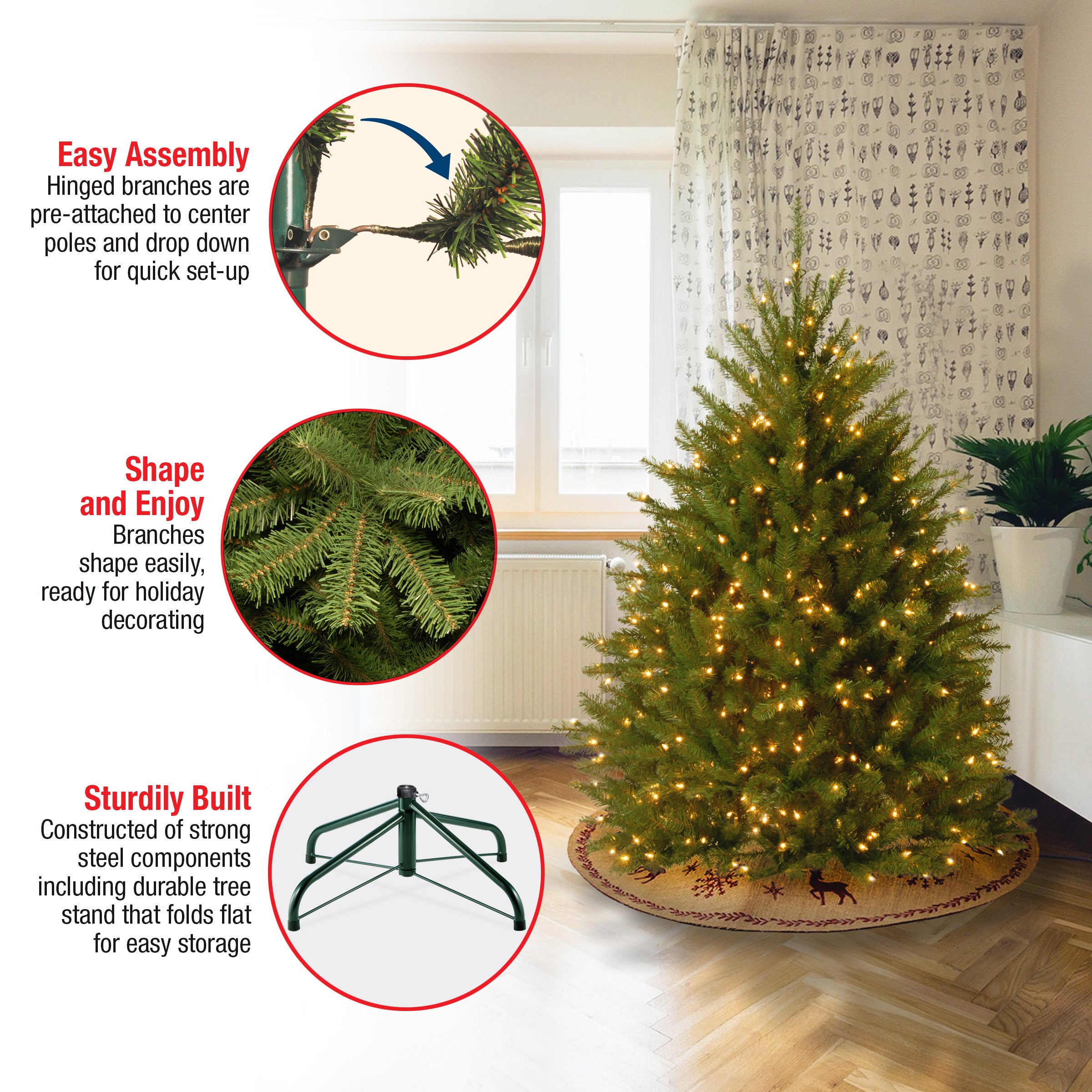 4.5 ft Pre-Lit Dunhill Fir Artificial Christmas Tree with 250 Clear LED Lights - Perfect for Home, Office, and Holiday Decorations