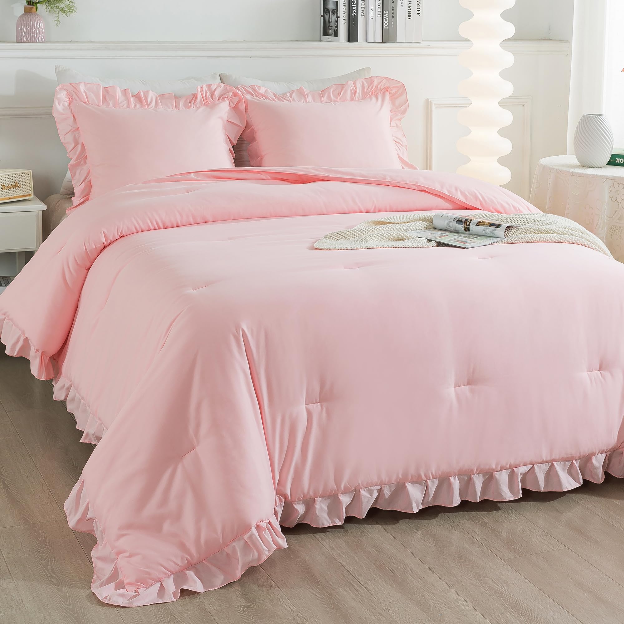Andency Pink Comforter Set Full Size - 3 Piece Lightweight Soft Microfiber Bedding with Rustic Ruffle Trim - Farmhouse Shabby Chic Style for Women & Girls - Perfect for Cozy Bedrooms, Guest Rooms & Dorm Decor