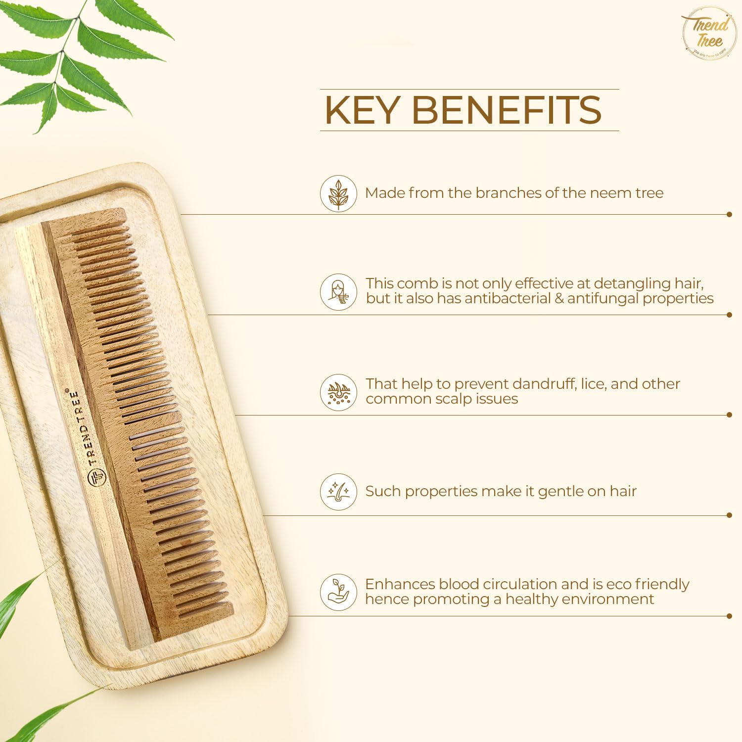 TRENDTREE® Premium Neem Wood Detangling Comb for Thick & Long Hair - Natural Herbs & Neem Oil Treated Dual Tooth Wooden Comb - Gentle Hair Care for Women & Men - Perfect for Daily Styling & Salon Use