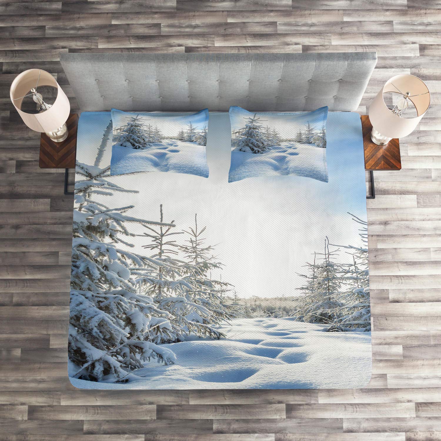 Ambesonne Evergreen Quilted Bedspread Set - King Size 3 Piece Winter Forest Landscape with Snow Footsteps, Includes 2 Pillow Shams | Cozy Bedroom Decor for Cold Weather & Holiday Season