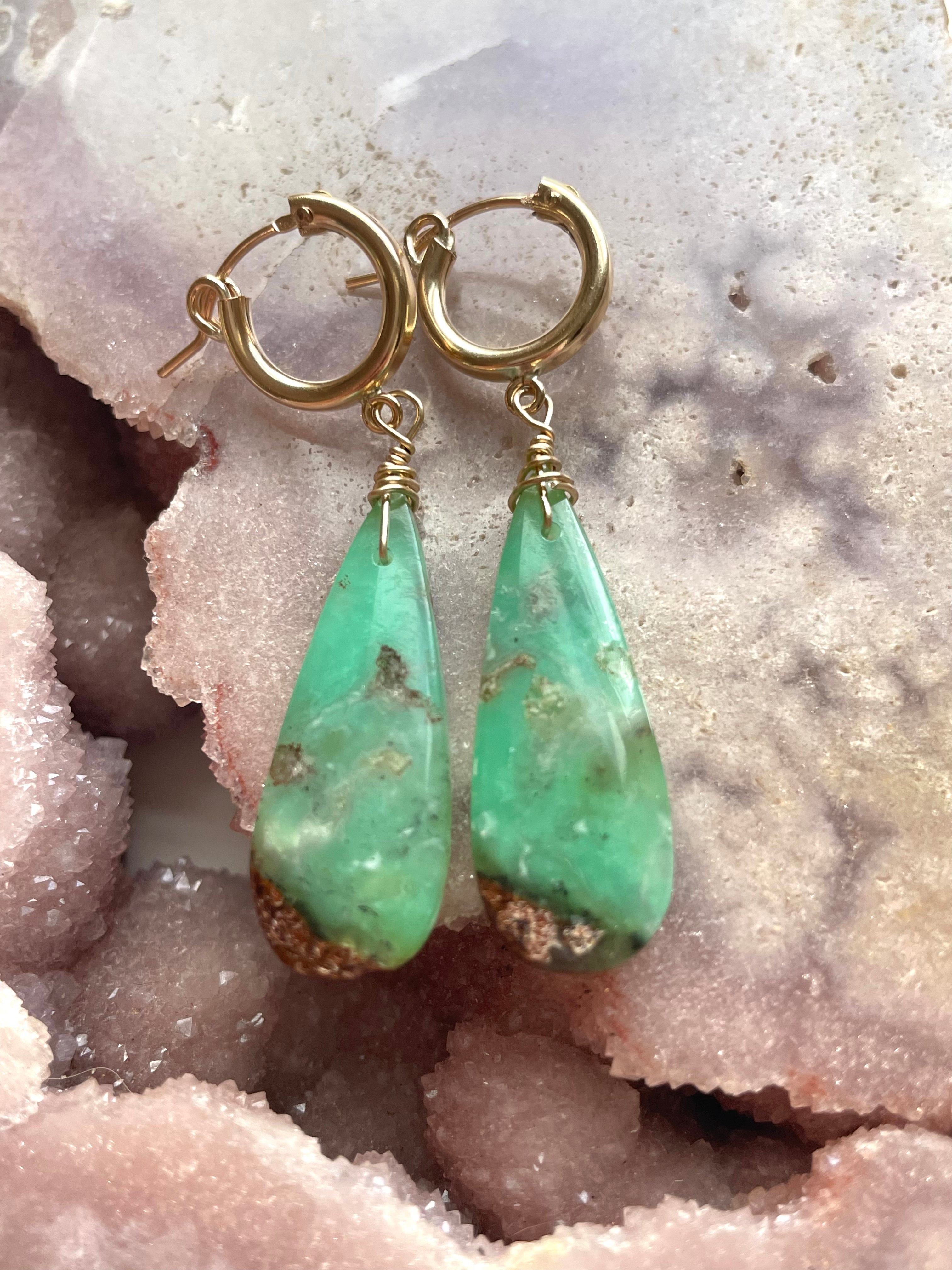 Chrysoprase Statement Hoop Earrings - 14K Gold Filled Dangle Earrings for Women | Elegant Boho Jewelry for Parties, Weddings & Everyday Wear