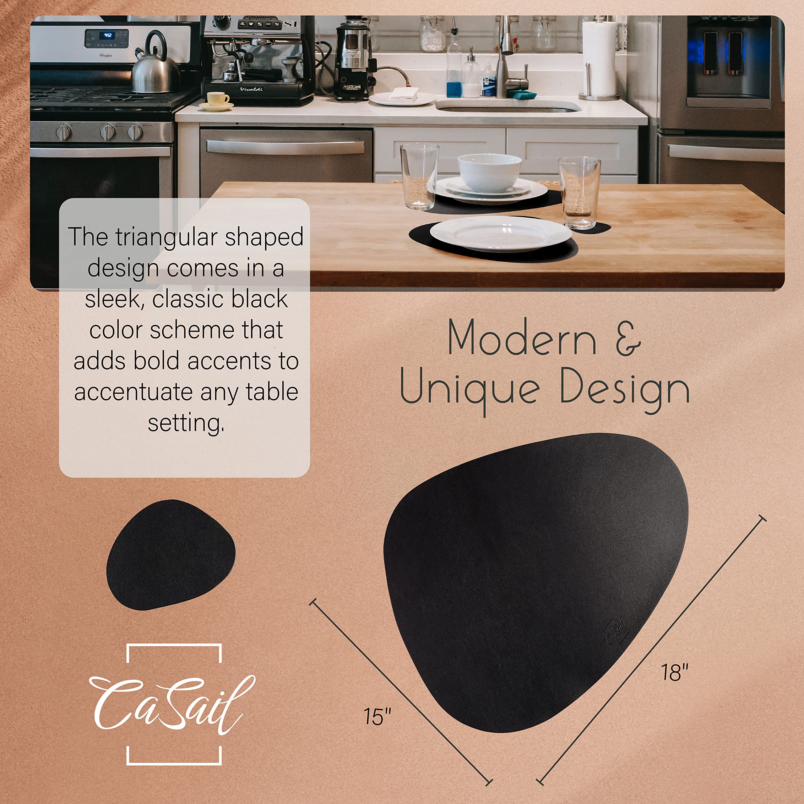 Premium Faux Leather Placemats and Coasters Set - 4 Round Modern Black Table Mats for Dining, Heat Resistant & Waterproof - Non-Slip for Indoor Outdoor Use - Easy Wipe Clean Care - Perfect for Dinner Parties, BBQs, and Daily Dining Protection