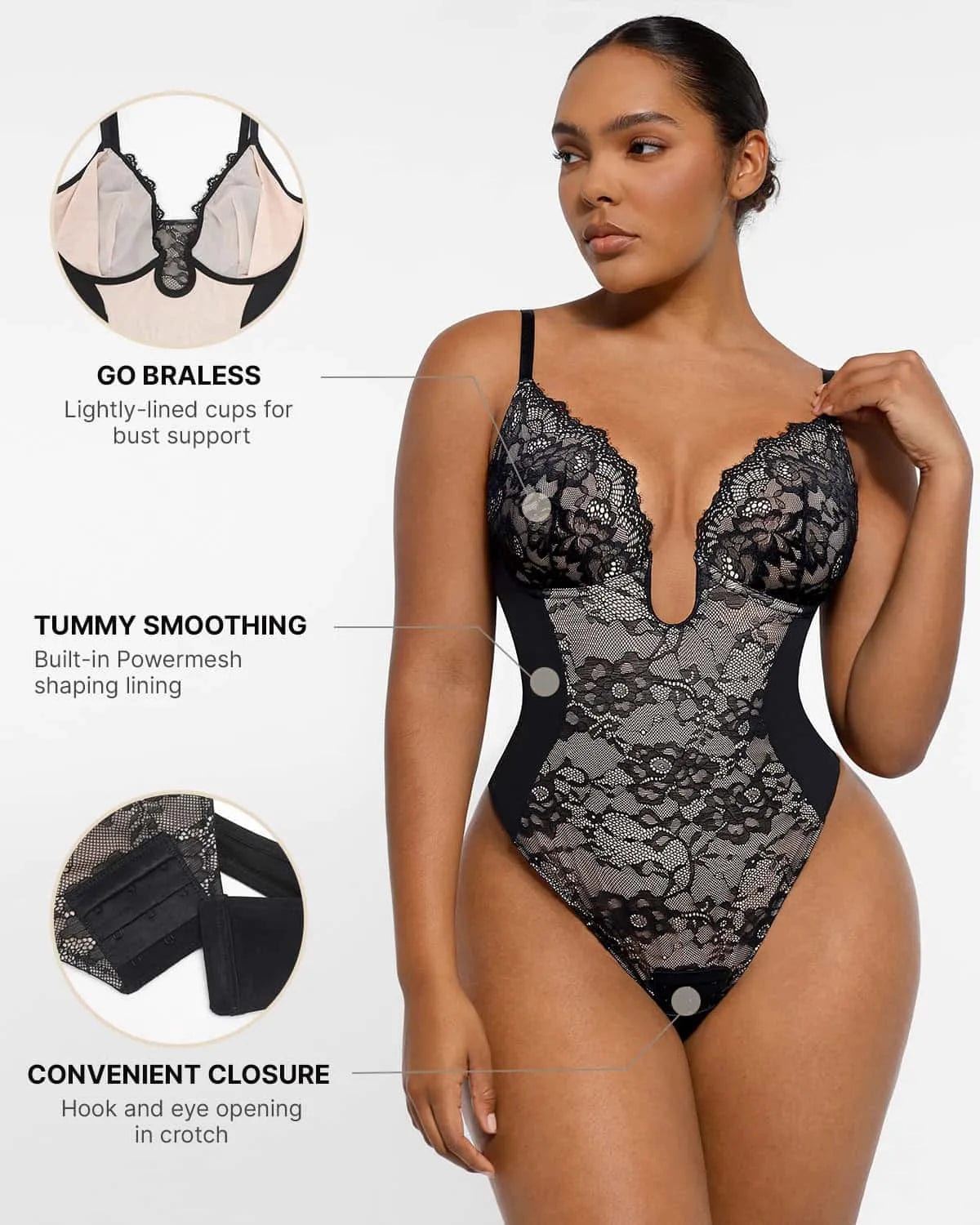 Sexy Lace Plunge Thong Bodysuit - Supportive Shapewear for Women | Perfect for Date Night, Bridal Lingerie & Special Occasions