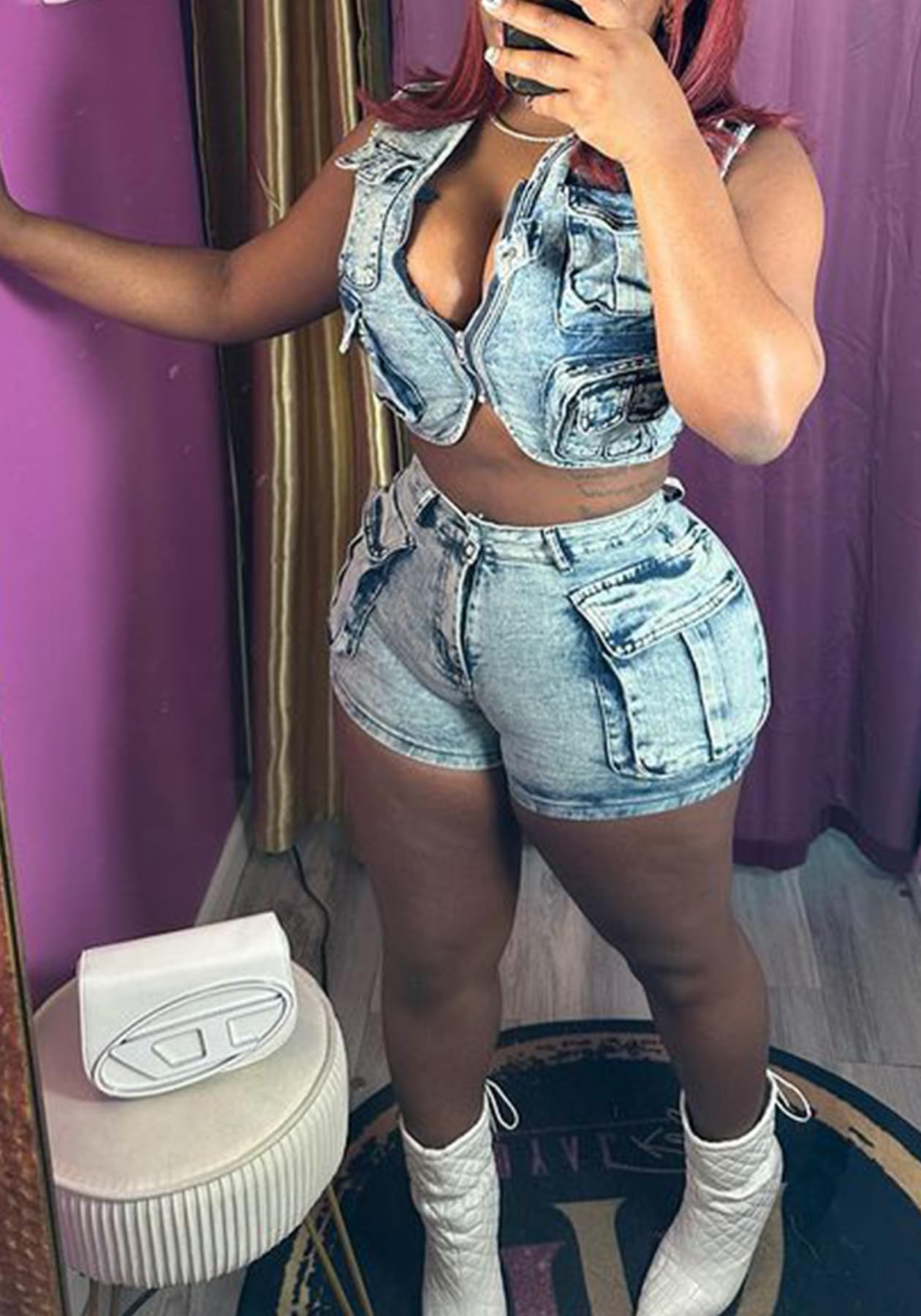 LAJIOJIO Women's 2-Piece Cargo Denim Set - Sexy Stretchy Vest & High Waisted Jean Shorts Outfit with Pockets | Casual Summer Outfit, Streetwear Fashion, Beach Party