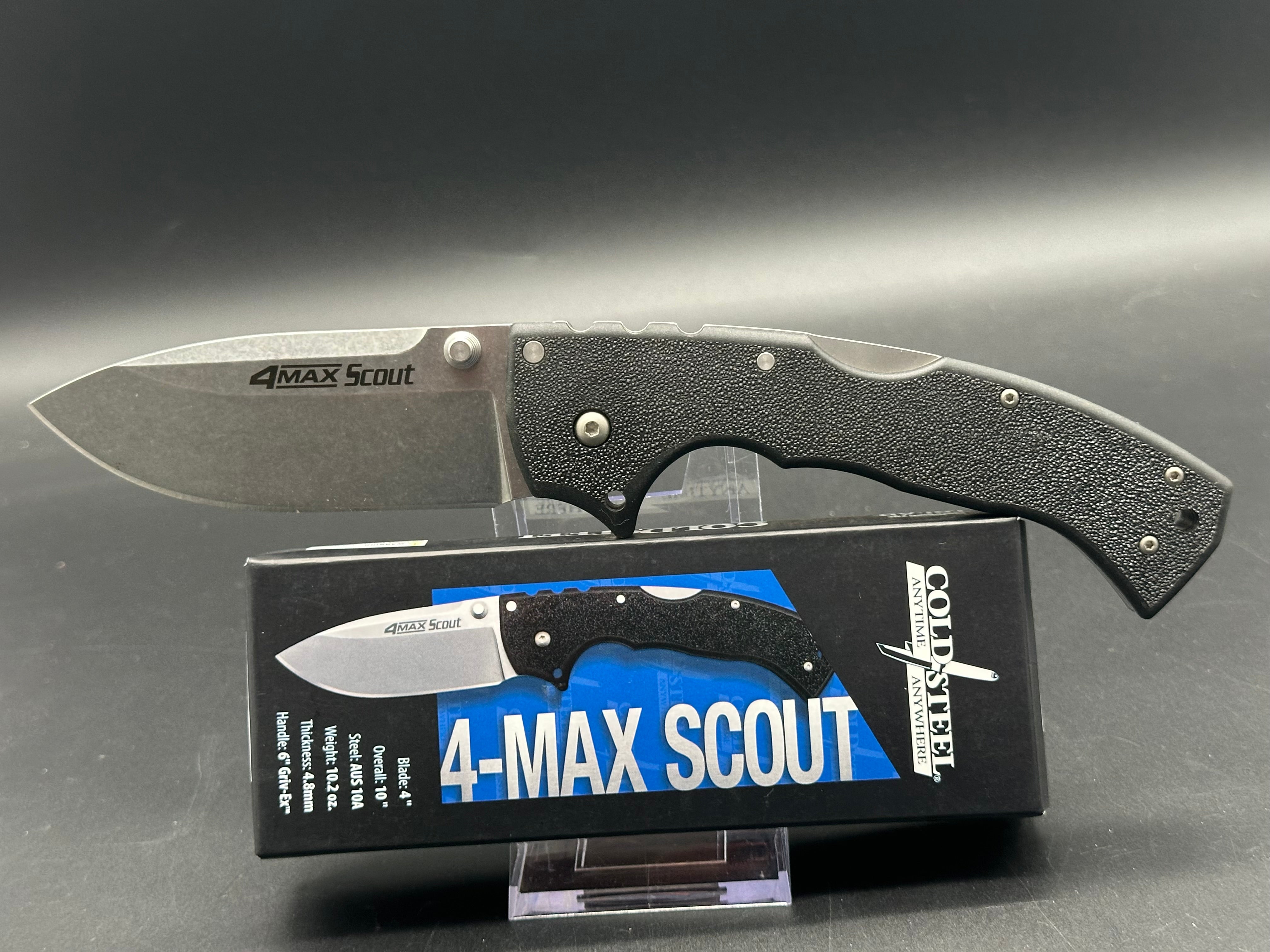 Cold Steel 4 Max Scout Tri-Ad Lock Folding Knife - Black Griv-Ex Handle, Stonewashed Blade - Outdoor Survival, Camping, Hunting, EDC Gear