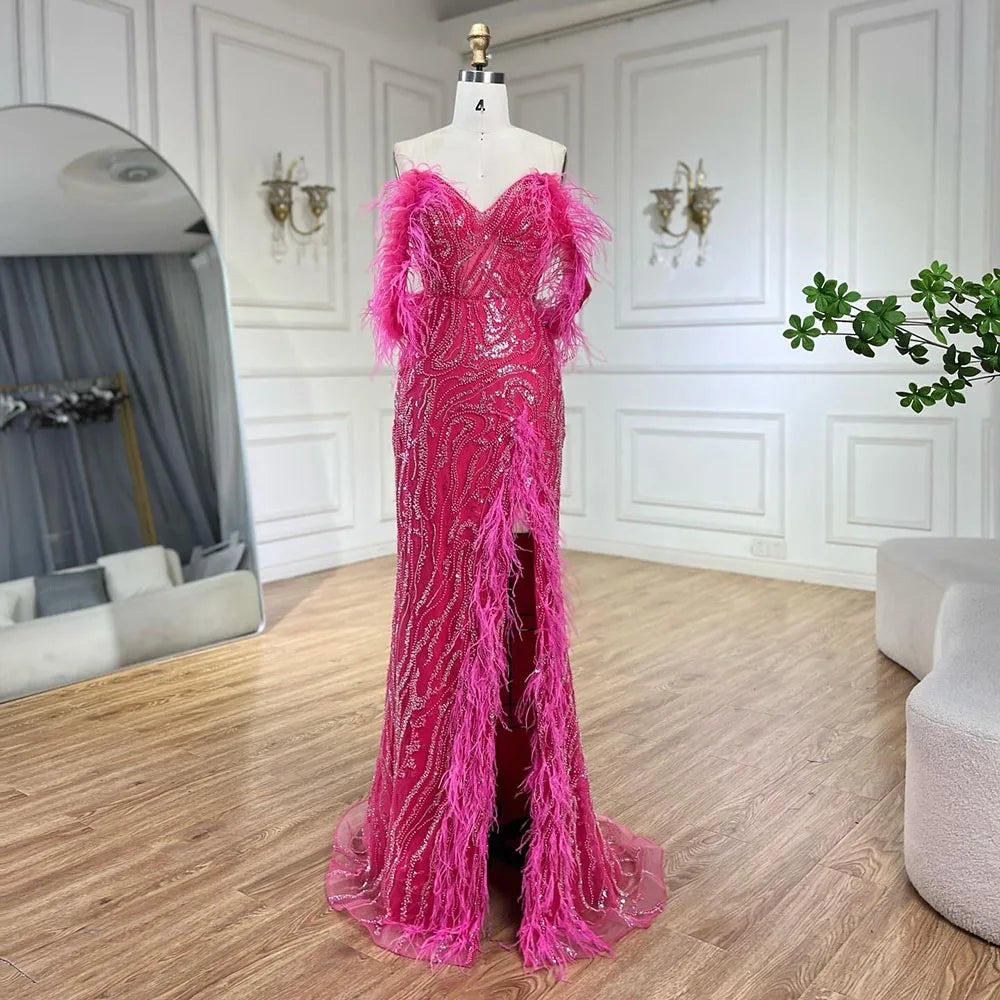 Serene Hill Turquoise Spaghetti Strap High Slit Mermaid Beaded Feather Evening Gown for Women - Elegant Wedding Party Dress 2025 LA72602 | Perfect for Prom, Gala, Red Carpet & Formal Events