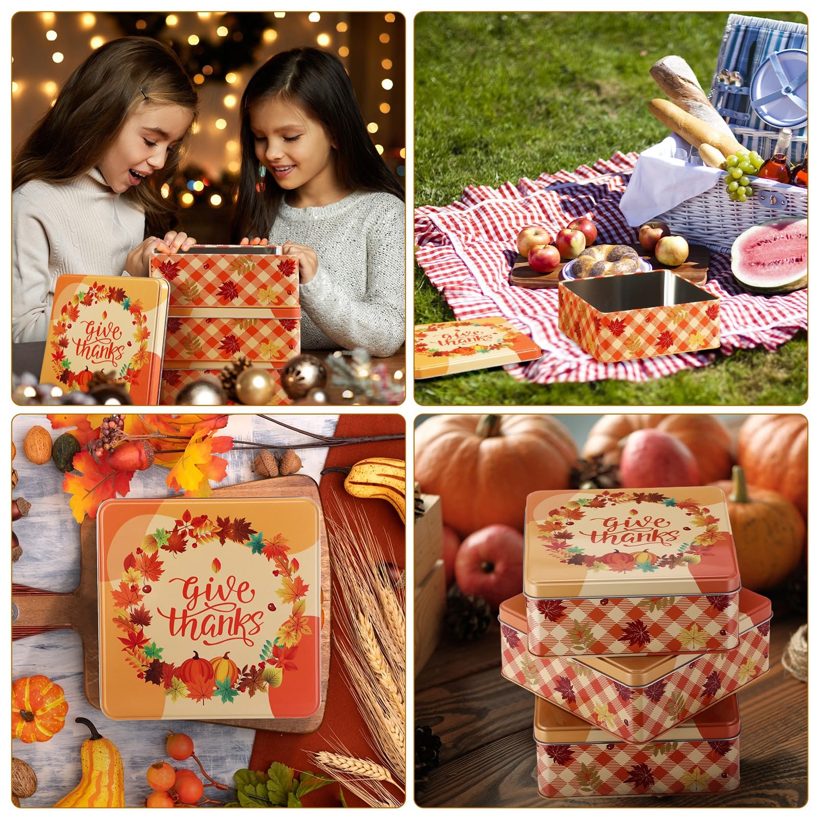 Tandefio 6-Piece Thanksgiving Cookie Tins Set with Lids - Square Metal Fall Containers for Candy, Biscuits & Food Storage - Autumn Cookie Jars for Holiday Gifts (Christmas, Thanksgiving) - Perfect for Party Favors, Home Decor & Seasonal Treats