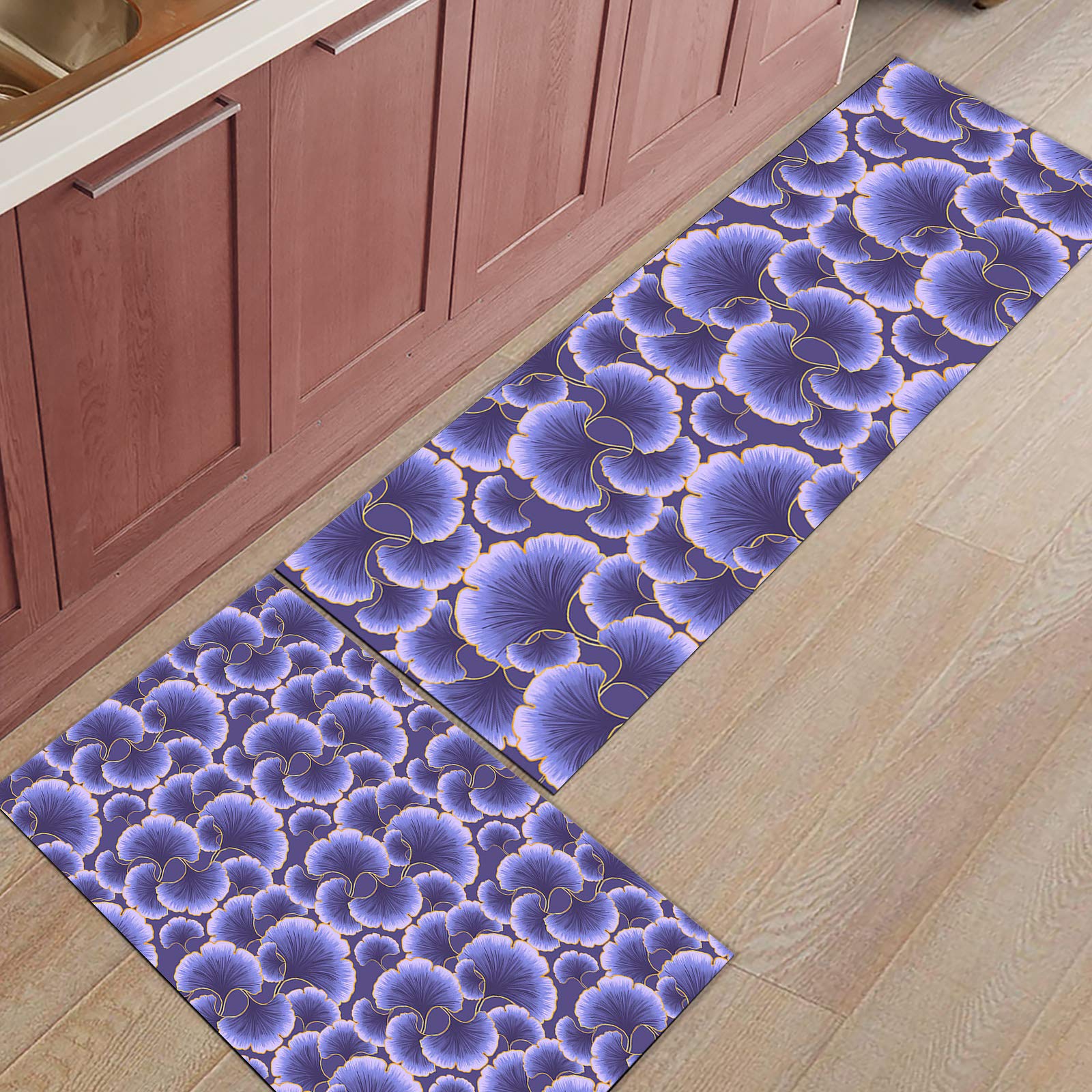 Non-Slip 2-Piece Kitchen Rug Set - Elegant Purple & Gold Ginkgo Leaf Design, Washable Luxury Texture Floor Mat, Runner Carpet for Kitchen, Entryway & High-Traffic Areas