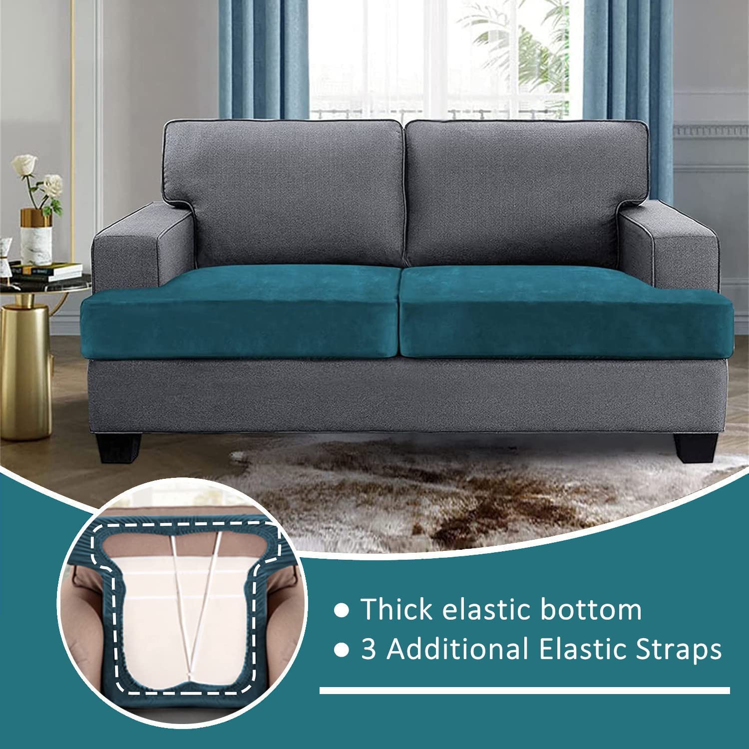 Luxury Velvet Stretch Sofa Cover & Loveseat Slipcover with 2 T-Cushion Covers - Soft Teal Couch Protector for Living Room, Sectional, Apartment Furniture - Perfect for Home Decor, Pet Protection & Furniture Makeover