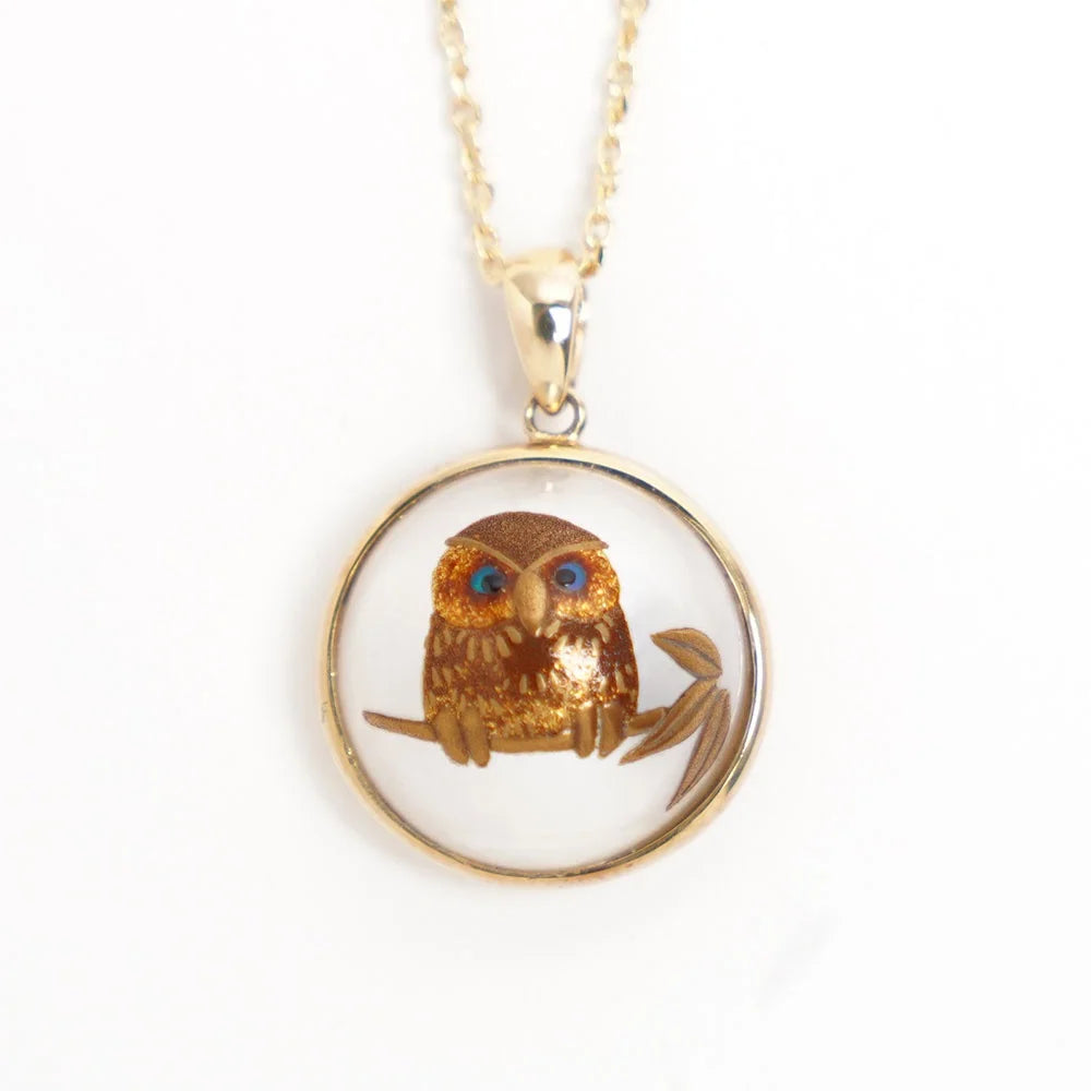 Handmade Japanese Maki-e Urushi Lacquer Pendant Necklace with Mabe Pearl Owl Charm - Traditional Asian Jewelry for Women, Gift for Her, Birthday Present, Special Occasion Wear