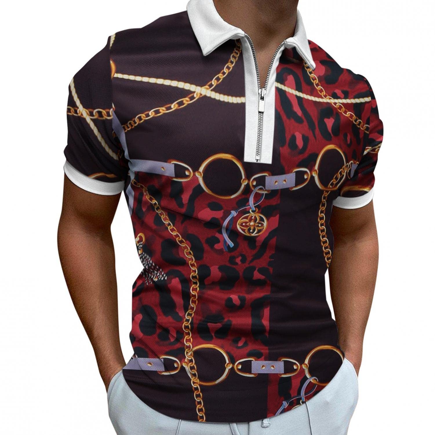 Men's Slim Fit Floral Printed 1/4 Zip Lapel Polo Shirts - Summer Short Sleeve Casual T-Shirts for Golf, Work & Outdoor Activities