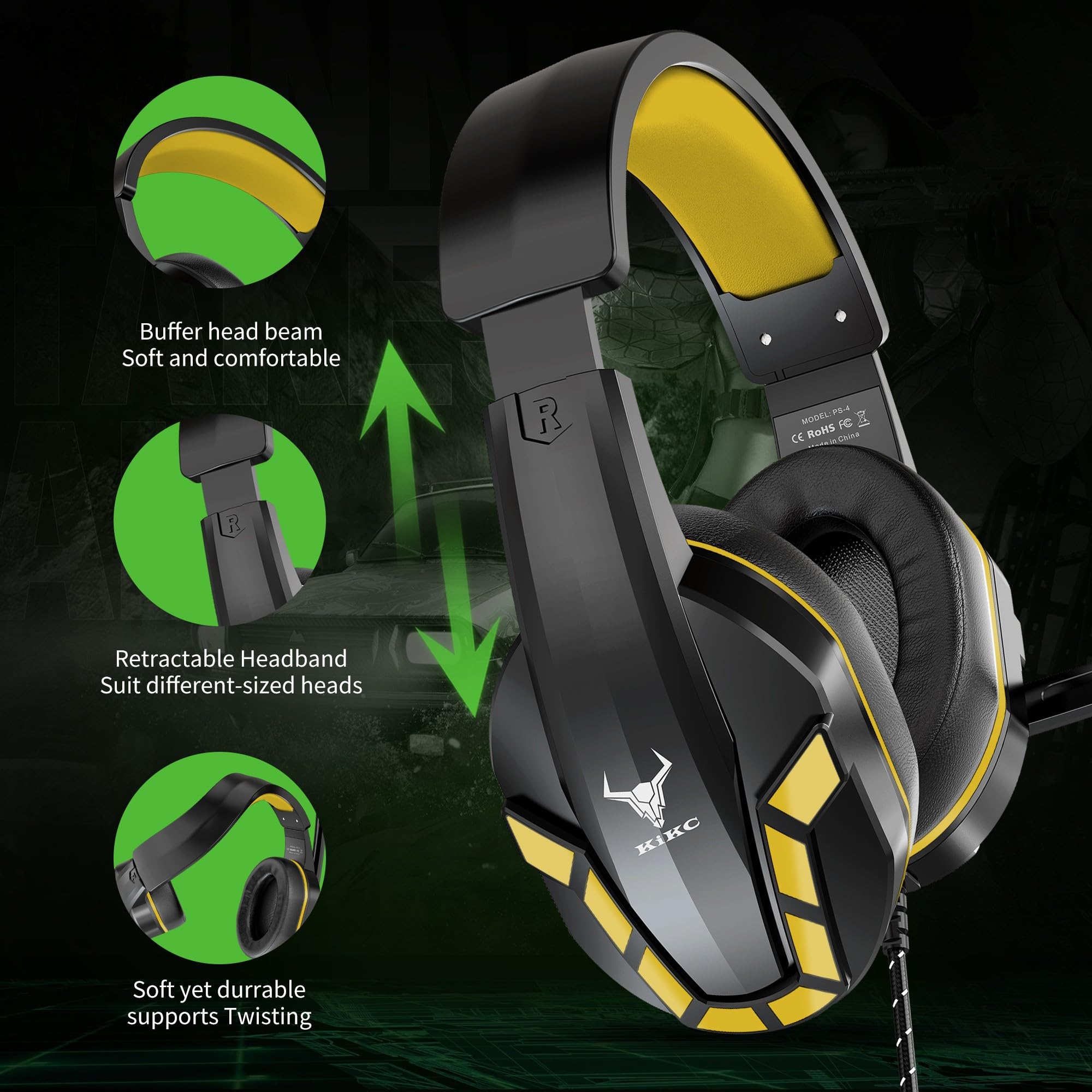 Kikc PS4 Gaming Headset with Microphone - Compatible with Xbox One, PS5, PC, Mobile & Laptop - Adjustable Volume Control & Soft Earmuffs for Kids (Yellow) - Perfect for Online Gaming, Streaming & Virtual Classrooms
