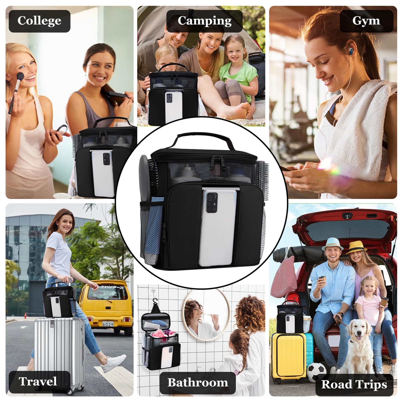 **Mesh Shower Caddy - Large Portable Hanging Travel Toiletry Bag for Women & College Students | Dorm Room Essentials, Makeup Organizer for Full-Sized Toiletries | Perfect for Camping, Beach & Travel**