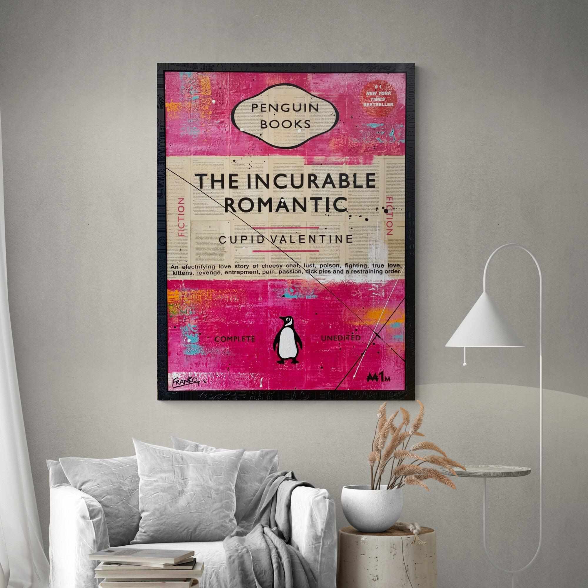 The Incurable Romantic - 75cm x 100cm Urban Pop Art Book Club Painting with Custom Etched Frame - Perfect for Living Room Decor, Bedroom Wall Art & Book Lover Gifts