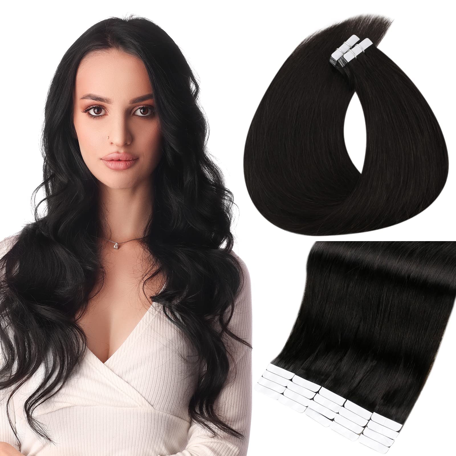 20 Inch 150g Full Shine Black Tape in Hair Extensions - 100% Real Human Hair for Women | Perfect for Styling, Volume & Length Boost