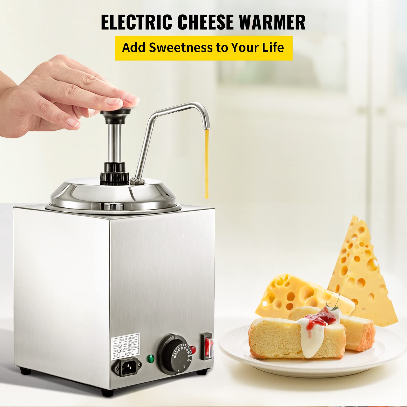 VEVOR 2.6Qt Stainless Steel Hot Cheese Warmer with Pump - 650W Electric Nacho Cheese Dispenser for Hot Fudge, Caramel & Chocolate Sauce | Perfect for Movie Nights, Parties & Restaurant Food Service