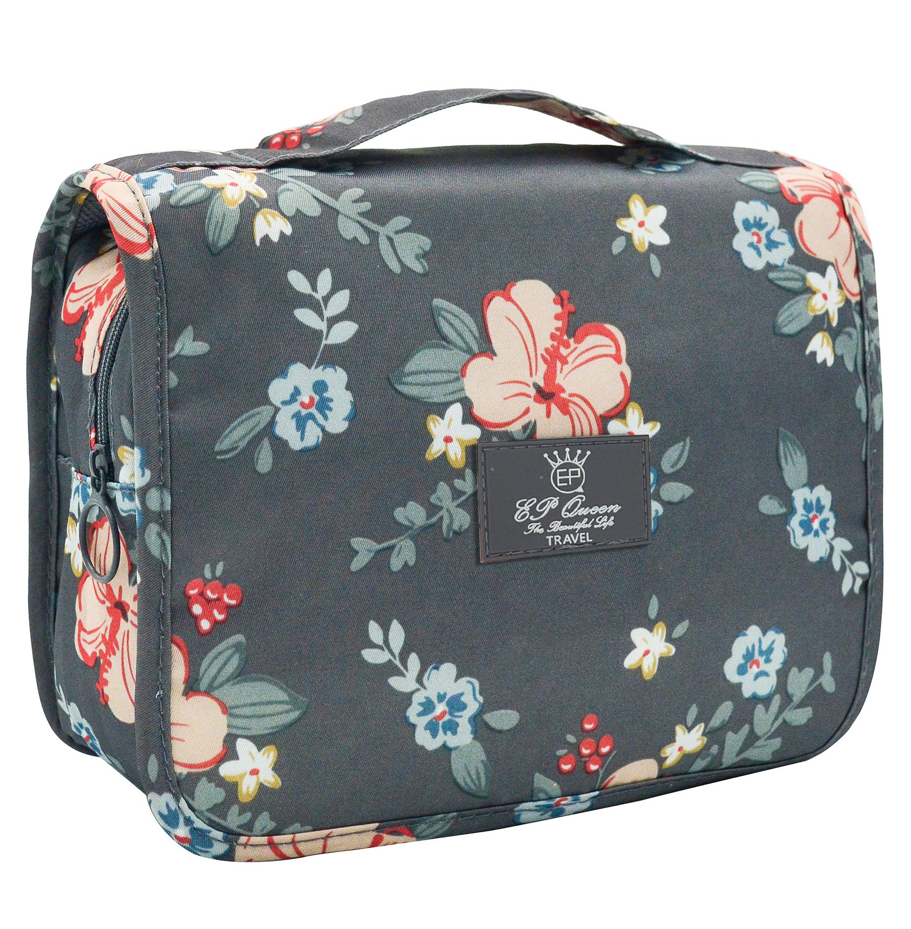 Hanging Travel Toiletry Bag for Women - Waterproof Cosmetic Organizer with Multiple Pockets for Makeup, Shampoo & Toiletries (Dark Grey Floral Pattern) - Perfect for Vacation, Gym, Camping & Business Trips