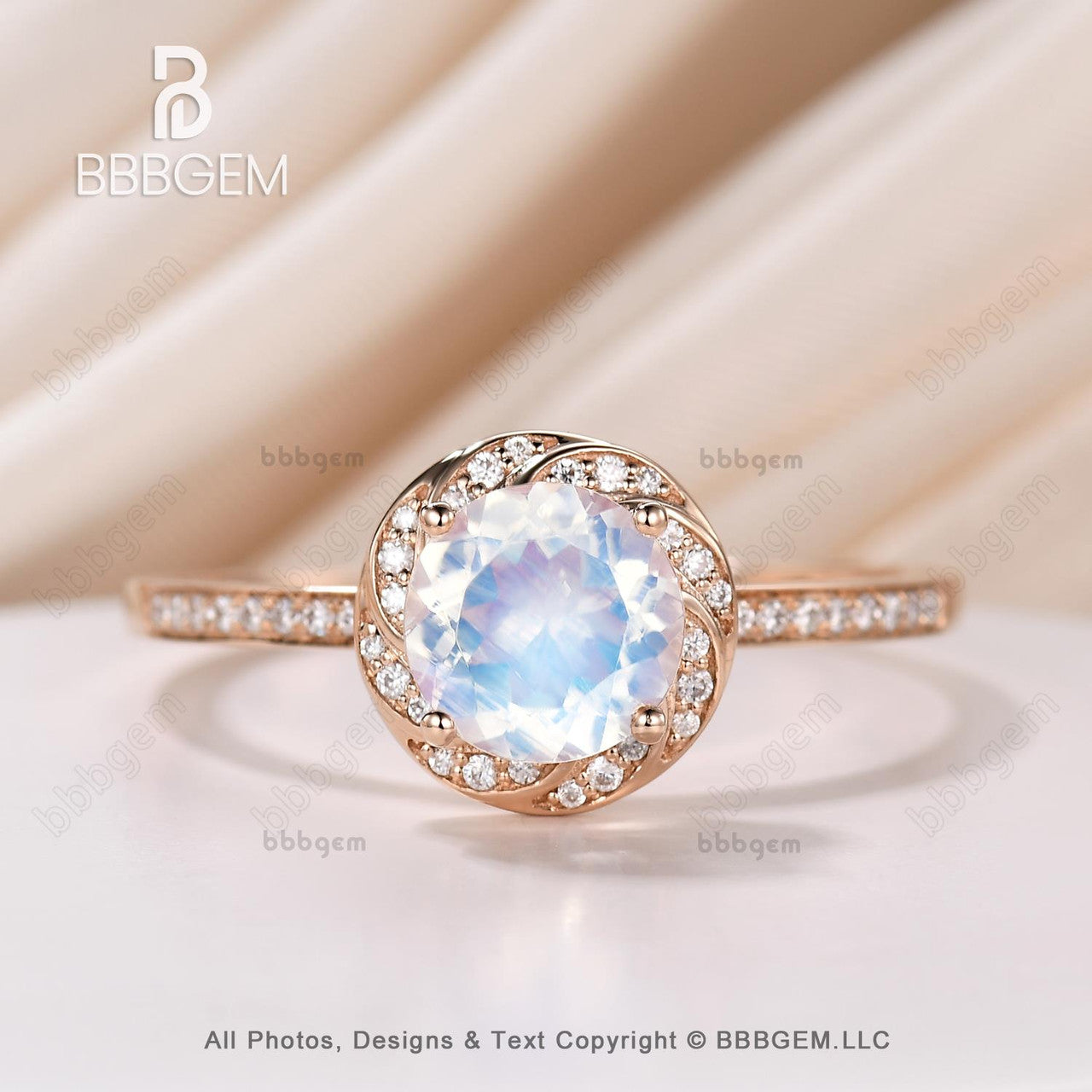 Rose Gold Natural Rainbow Moonstone Engagement Ring with Halo Diamonds - Elegant Wedding Band for Women, Perfect for Proposals, Anniversaries & Bridal Jewelry