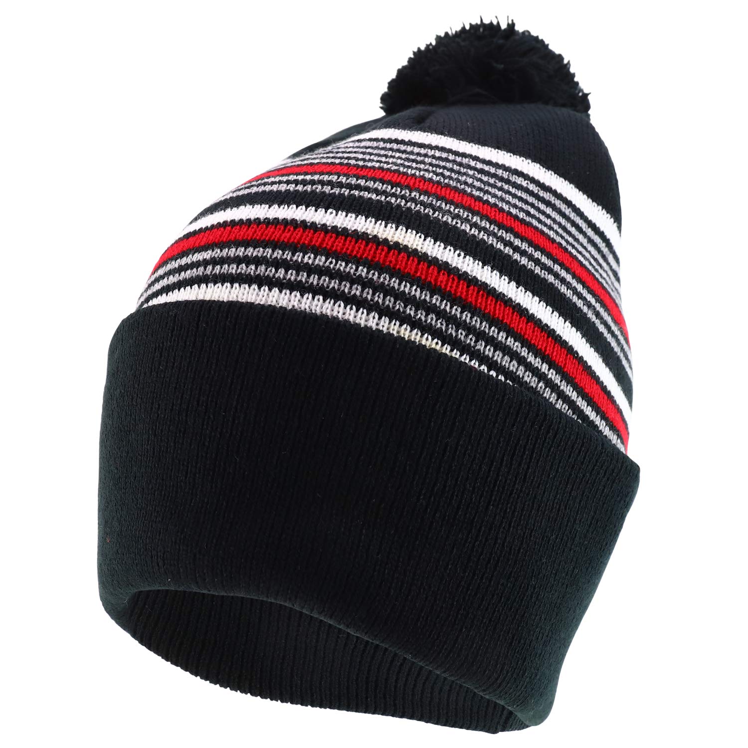 Trendy Striped Pom Pom Winter Beanie Hat for Women & Men - Soft Knit Warm Fleece Lined Beanie - Cozy Winter Accessory for Outdoor Activities, Snowboarding, Skiing & Casual Wear