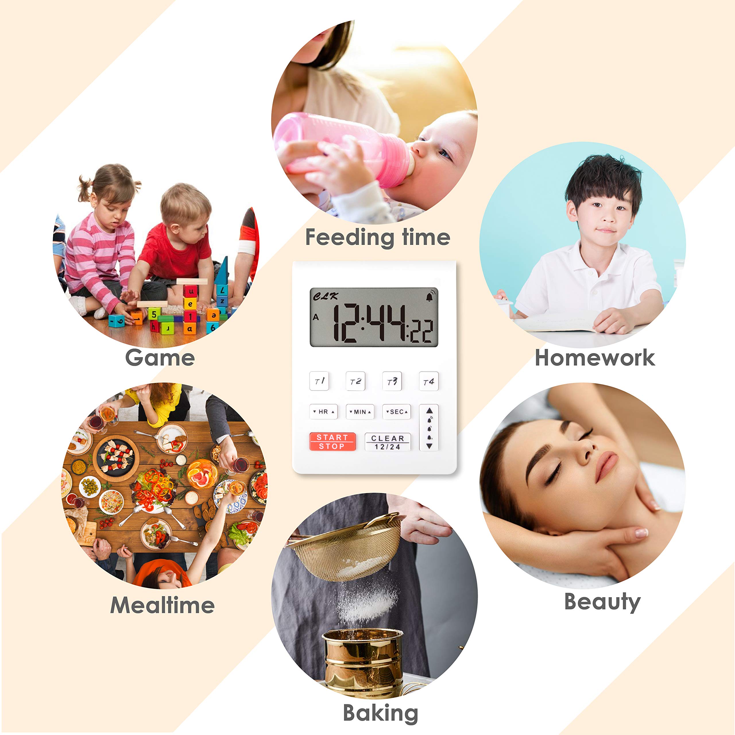 Runleader Digital Kitchen Timer with 4 Countdown Timers & Stopwatch - Large Display 12/24H Clock with Alarm - Perfect for Baking, Cooking, Homework & Fitness (White-205) | Compact Desktop Timer for Home, Office & Gym Use