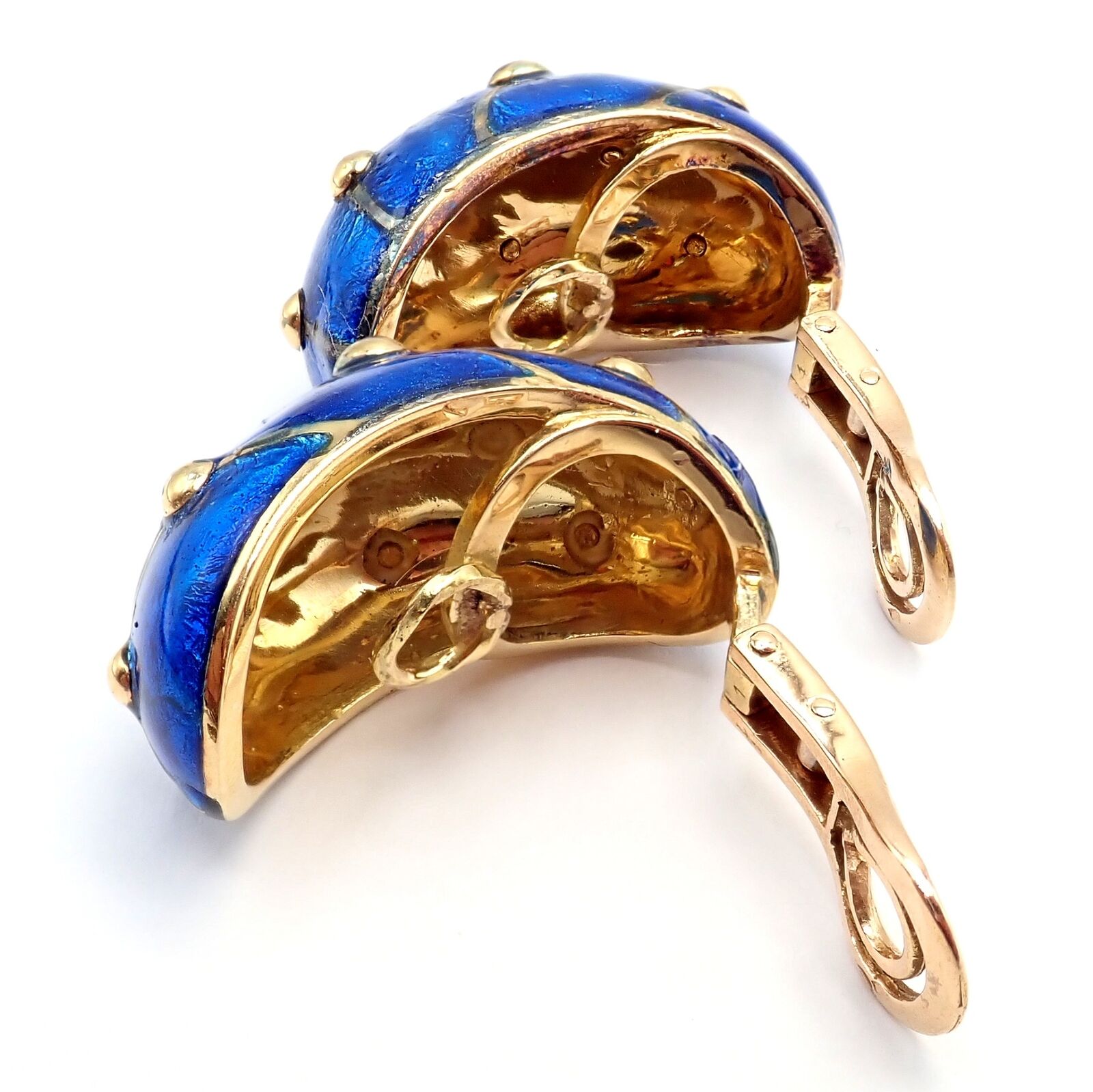 Tiffany & Co Schlumberger 18k Yellow Gold Large Blue Enamel Banana Clip Earrings - Luxury Vintage Jewelry for Women, Perfect for Parties, Weddings & Special Occasions