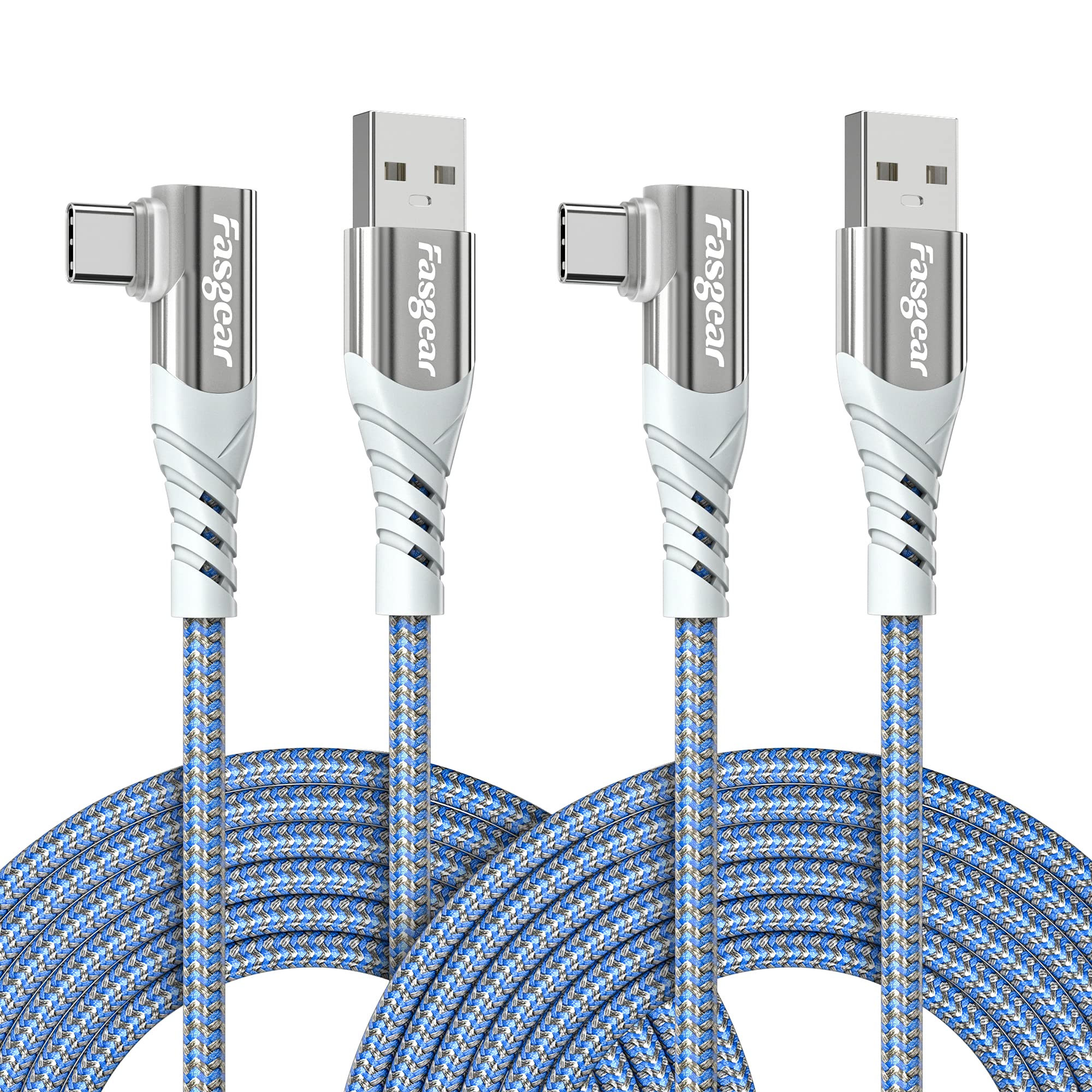 Fasgear 2-Pack 10ft USB C to USB A Cable - 3A Fast Charging, Braided Right Angle Cord - Compatible with PS5 Controller, Samsung A53, Galaxy S22, Moto Edge 40 Pro, TCL 40 SE - Perfect for Gaming, Travel & Home Charging (Blue)