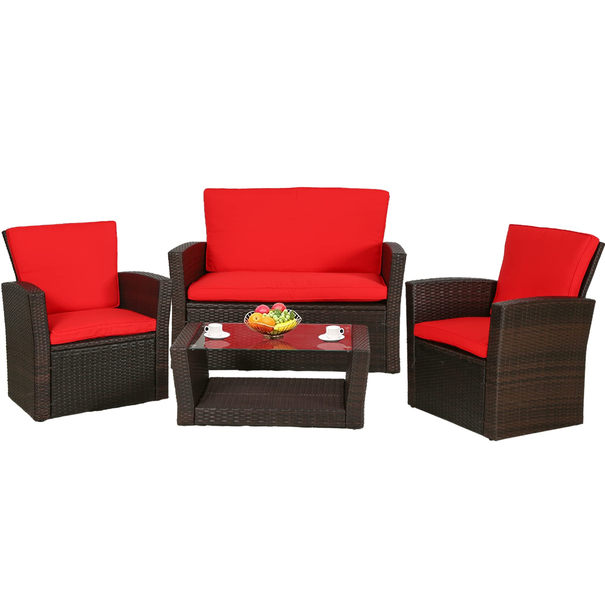 4-Piece Rattan Patio Furniture Set - Outdoor Wicker Sectional Sofa with Chairs for Conversation (Brown & Red) - Perfect for Backyard, Garden, and Poolside Relaxation