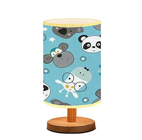 Minimalist Wooden Nightstand Lamp with Flaxen Fabric Shade - Animal Seamless Pattern (Monkey, Giraffe, Lion, Panda, Koala) - Bedside Table Light for Bedroom, Living Room & Nursery - Perfect for Reading, Breastfeeding & Relaxation