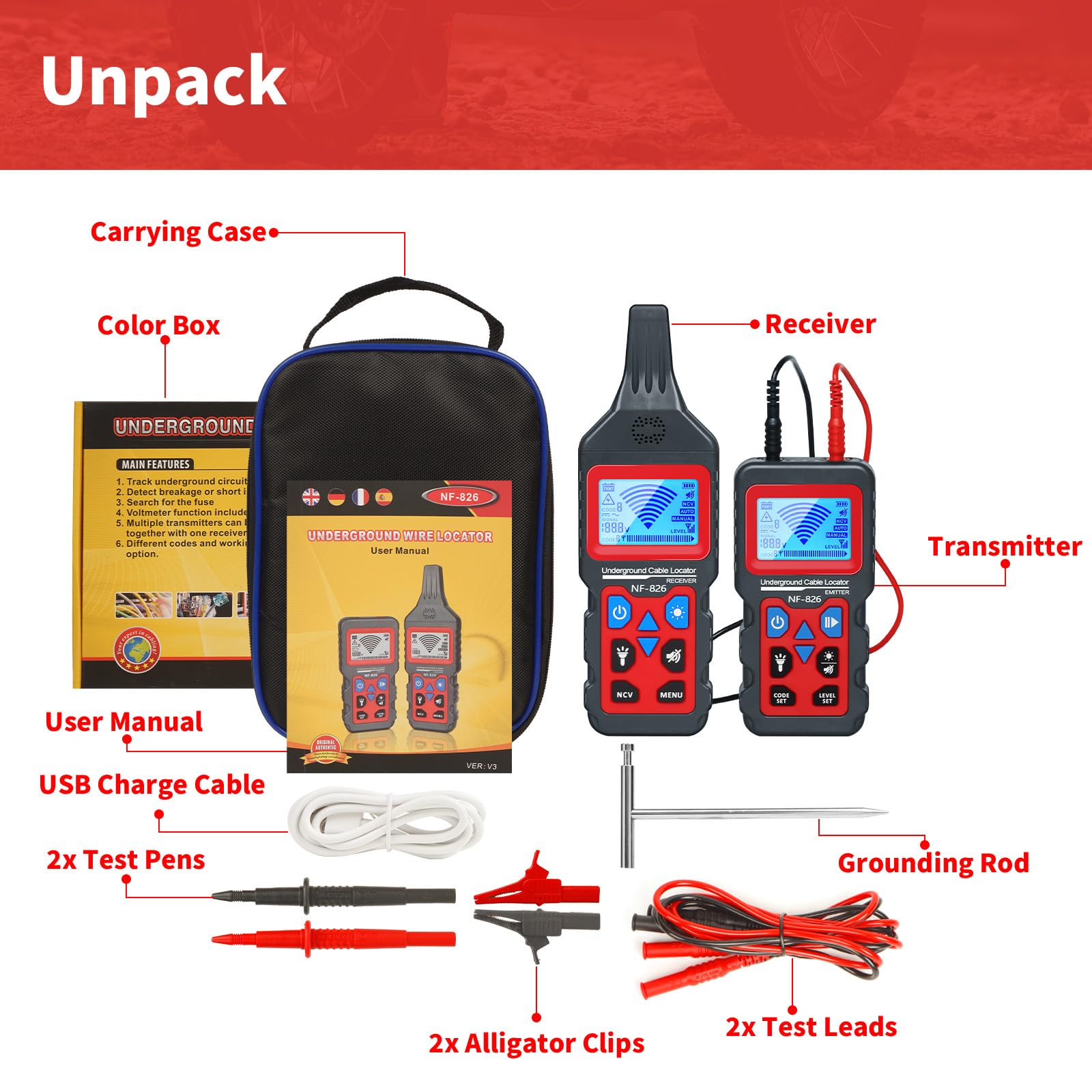 RockyMars NF826 Underground Cable Wire Locator - Professional Cable Tester & Wire Tracker for Dog Fence Cables, Short Circuit Detection, and Wall Wiring - Perfect for Electricians, DIY Home Repairs, and Underground Utility Detection