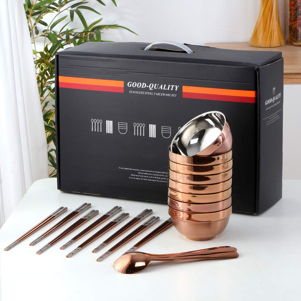 Premium 24-Piece SUS 304 Stainless Steel Bowl Set with Spoons & Chopsticks - 19oz Double-Walled Metal Rice & Cereal Serving Bowls for Restaurant, Home Kitchen - Family & Kids Friendly Rose Gold Dinnerware Set - Perfect for Asian Cuisine, Meal Prep, Camping & Party Serving