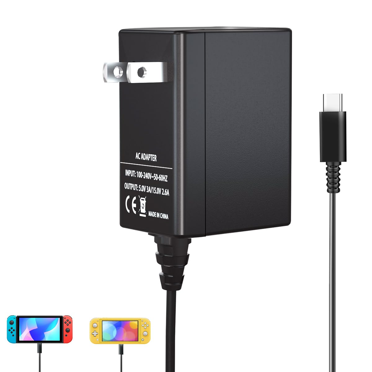Nintendo Switch Charger - Fast Charging AC Power Adapter with 5FT Cable for Switch, OLED & Lite - TV Dock Mode Compatible - Perfect for Gaming at Home or Travel