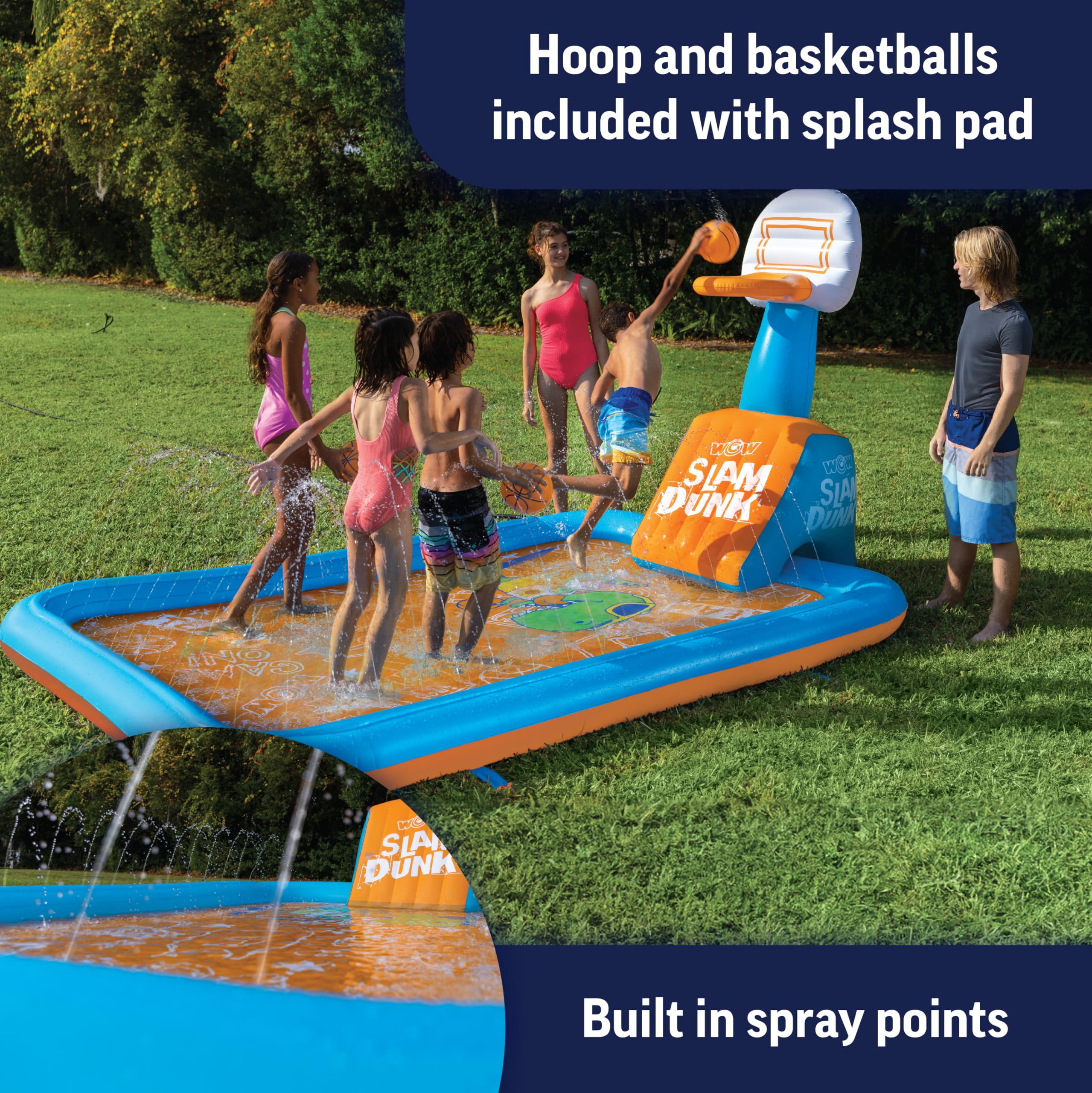 WOW Sports Hoops Splash Pad - Large Inflatable Water Play Mat for Kids with Basketball Hoops & Balls | Outdoor Summer Fun, Backyard Water Games, Pool Party Activities