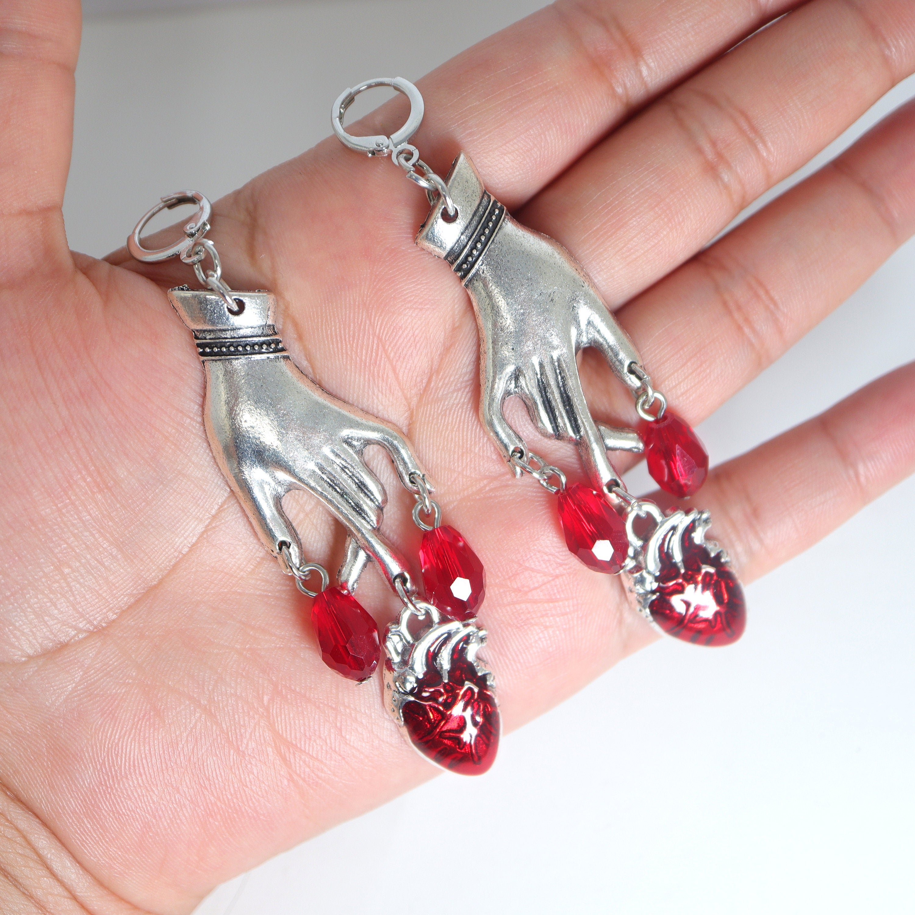 Bloody Red Heart in Hands Halloween Earrings - Long Scary Statement Earrings for Women - Perfect for Halloween Parties, Cosplay & Gothic Fashion