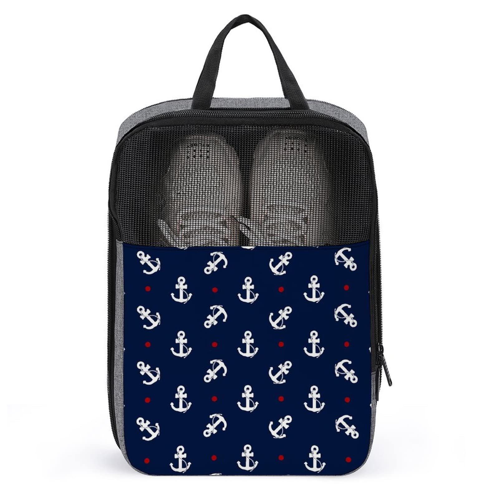 Navy Blue Nautical Anchor Waterproof Zippered Shoe Bag - Golf Shoe Storage Box, Travel Shoe Tote for Men & Women - Perfect for Sports, Outdoor Activities & Gym Organization